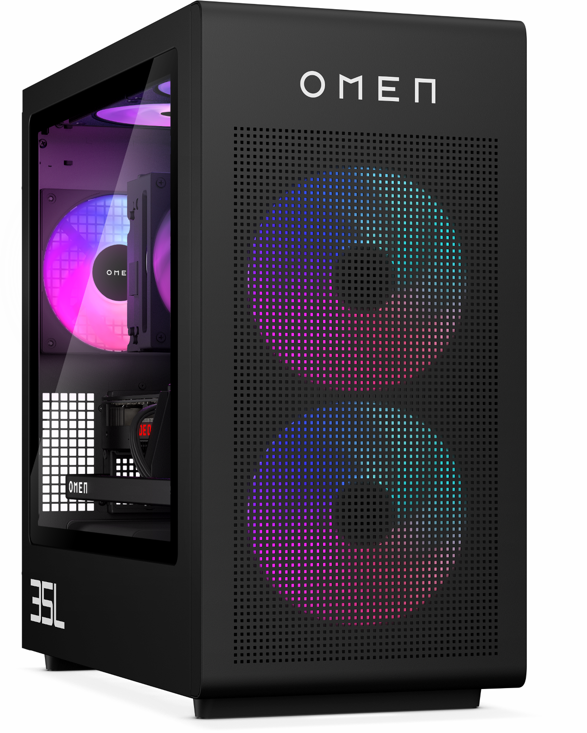 Boîtier PC OMEN noir avec panneau latéral en verre. À l'intérieur, un ventilateur lumineux et des composants sont visibles. L'avant a un design perforé avec des lumières.