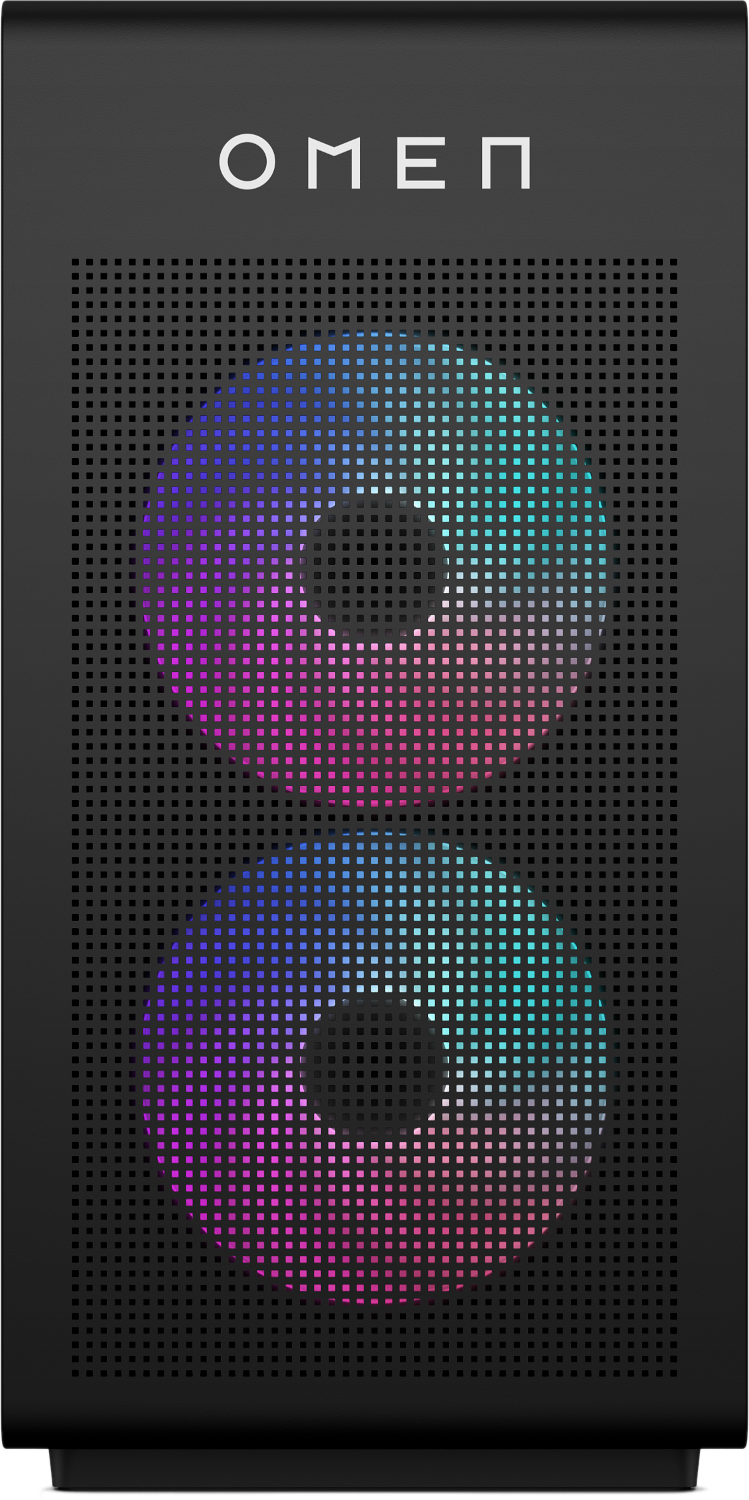 Zwarte computerkast met OMEN-logo. Twee cirkelvormige ventilatoren met kleurrijke RGB-verlichting. Geperforeerd voorpaneel.