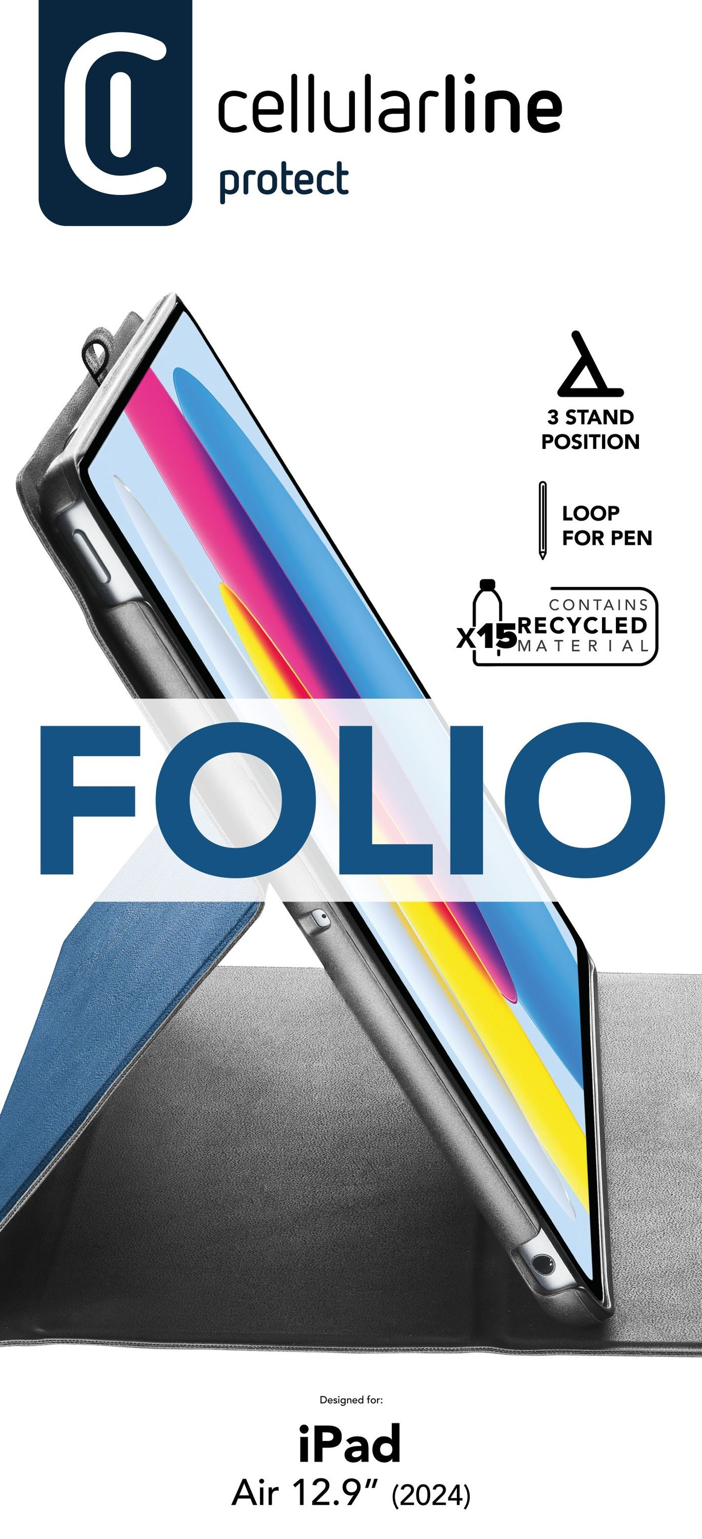 Görüntüde bir iPad kılıfı görülüyor. Kılıf siyah ve mavidir. Metin 'cellularline protect' ve 'FOLIO' içerir.