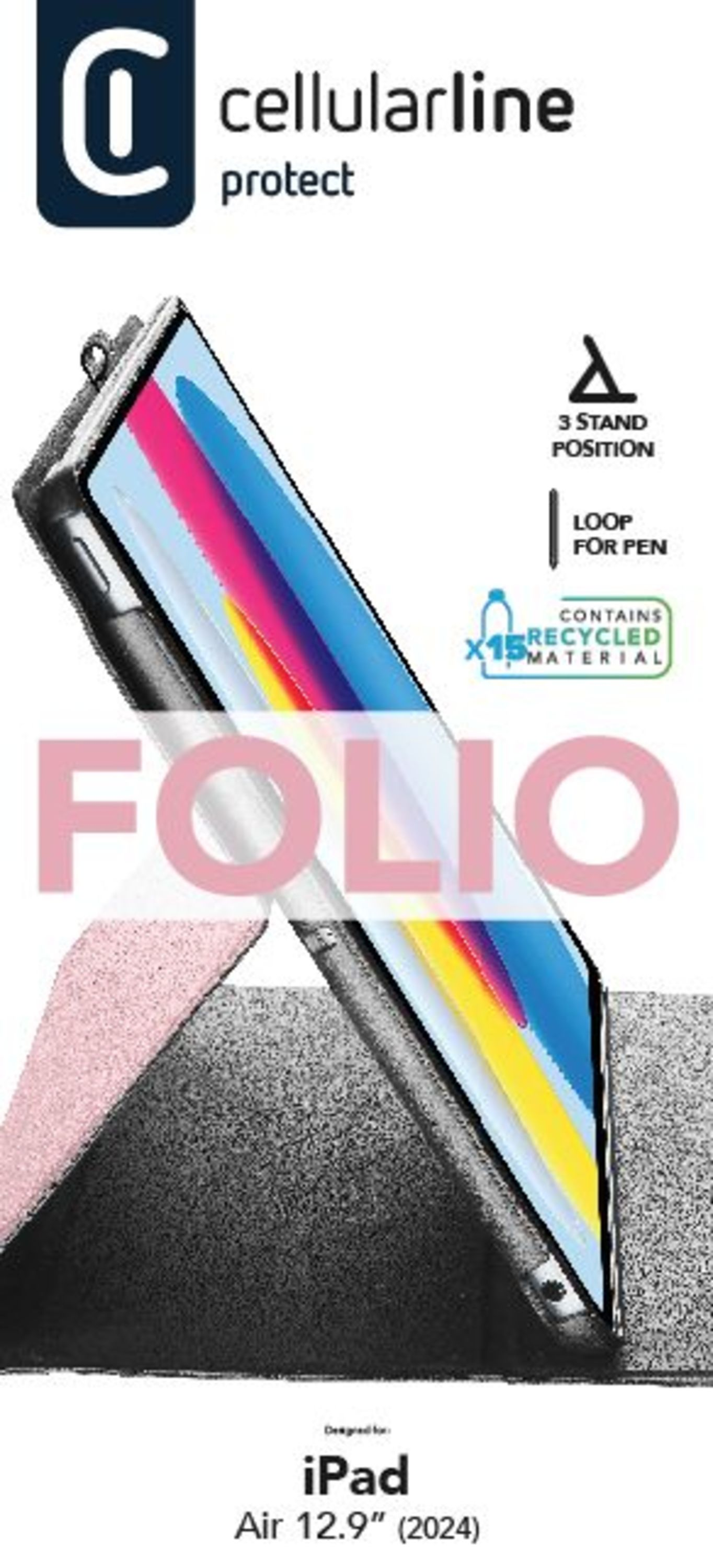 Görsel, renkli bir ekranı olan bir iPad kılıfını gösteriyor. Metin 'FOLIO', 'iPad Air 12.9" (2024)' ve 'RECYCLED MATERIAL' diyor.