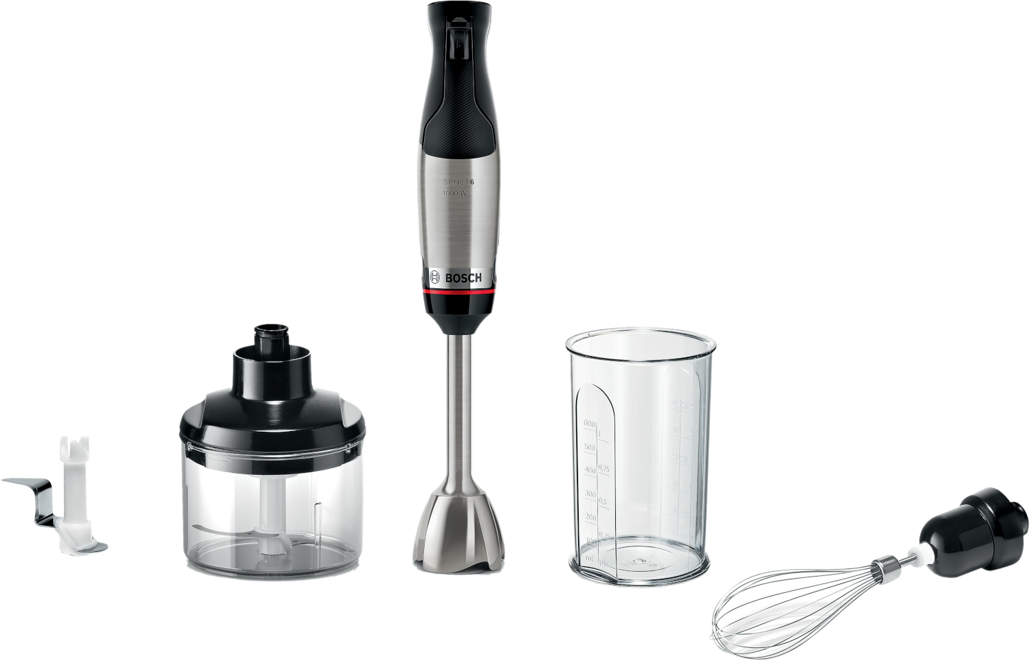 Een Bosch staafmixerset met diverse opzetstukken: een blender, een hakmolen, een garde en een maatbeker. Zwart en zilver.