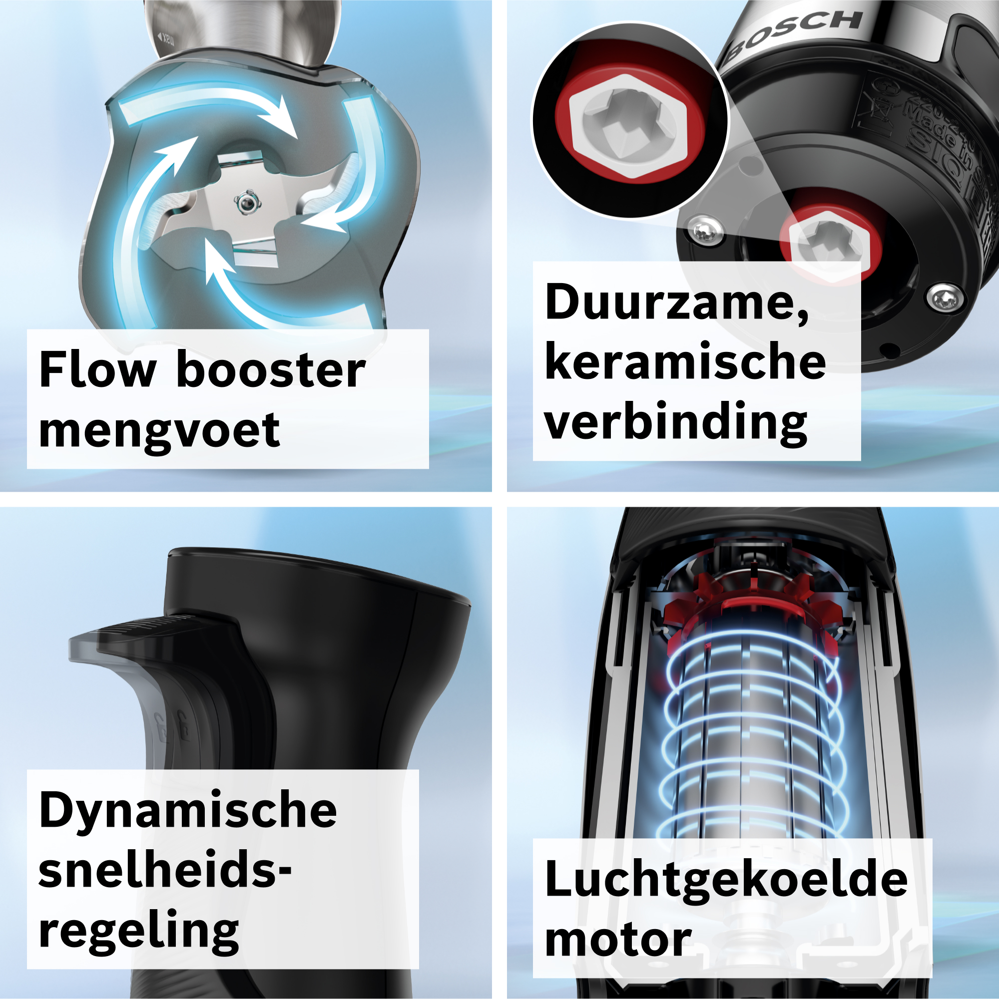Afbeelding toont close-ups van een keukenapparaat. Kenmerken zijn flow booster, keramische verbinding, snelheidsregeling en luchtgekoelde motor.
