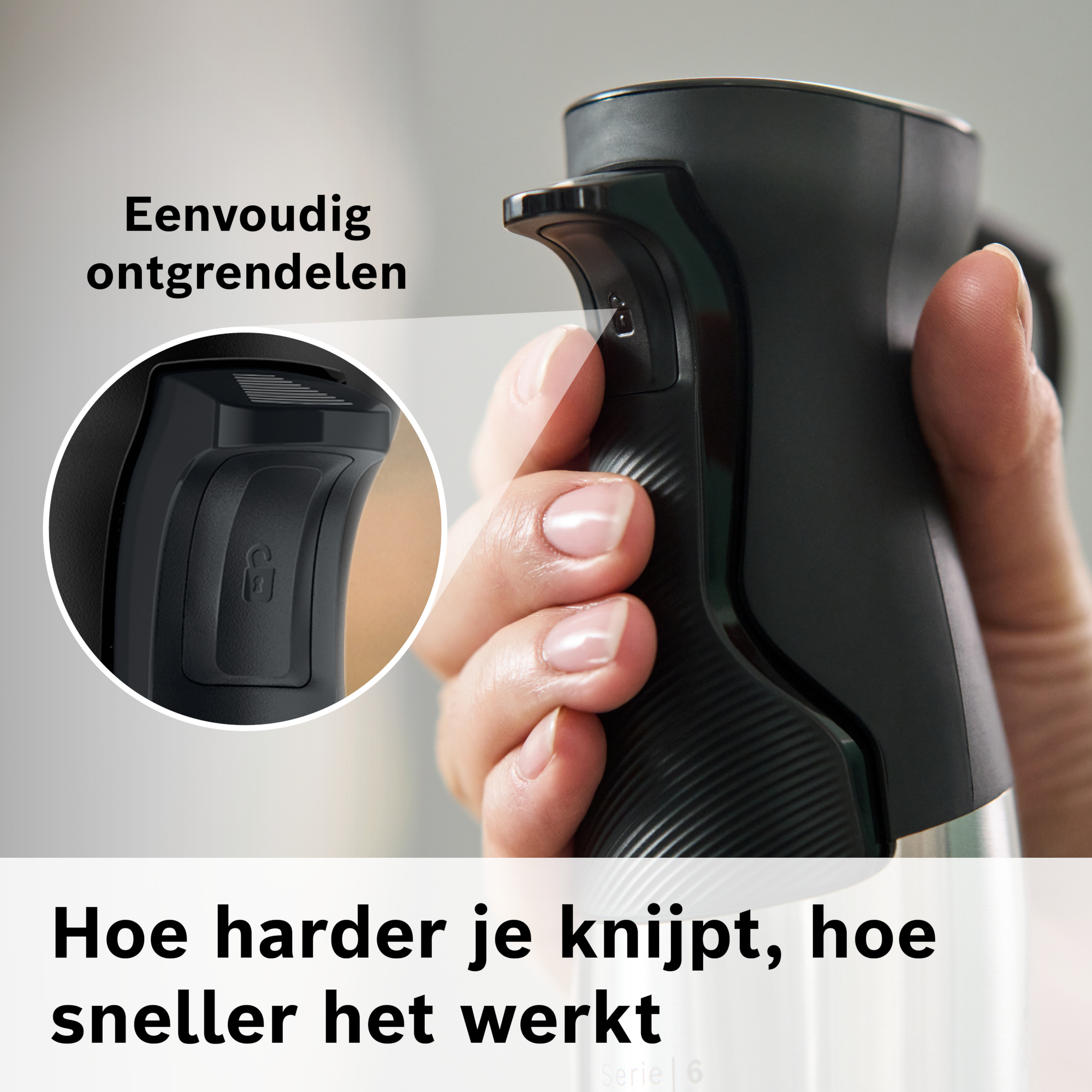 Hand die zwart apparaat vasthoudt, met tekst 'Eenvoudig ontgrendelen'. Cirkelvormige inzet toont knop. Tekst onder: Hoe harder je knijpt, hoe sneller het werkt.