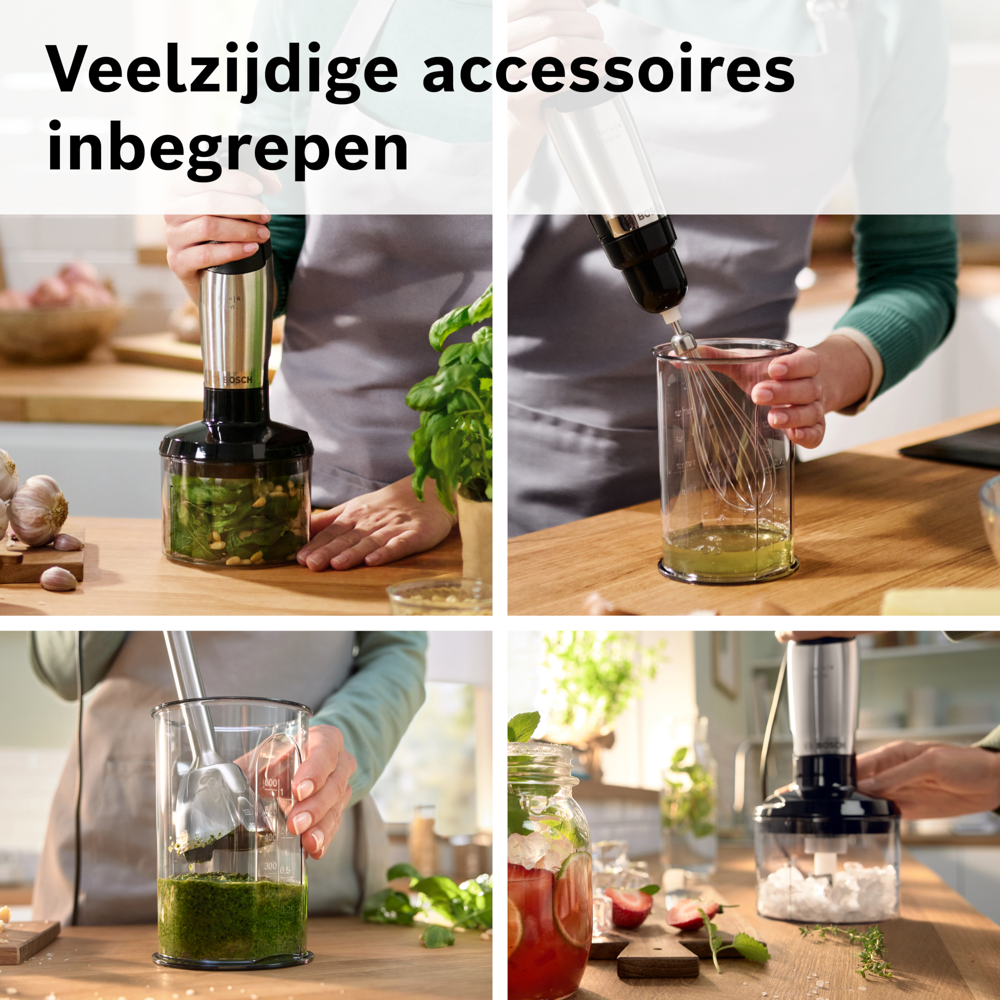Afbeelding toont een blender in gebruik, voedsel bereidend. Er zijn meerdere scènes van het mengen van verschillende ingrediënten.