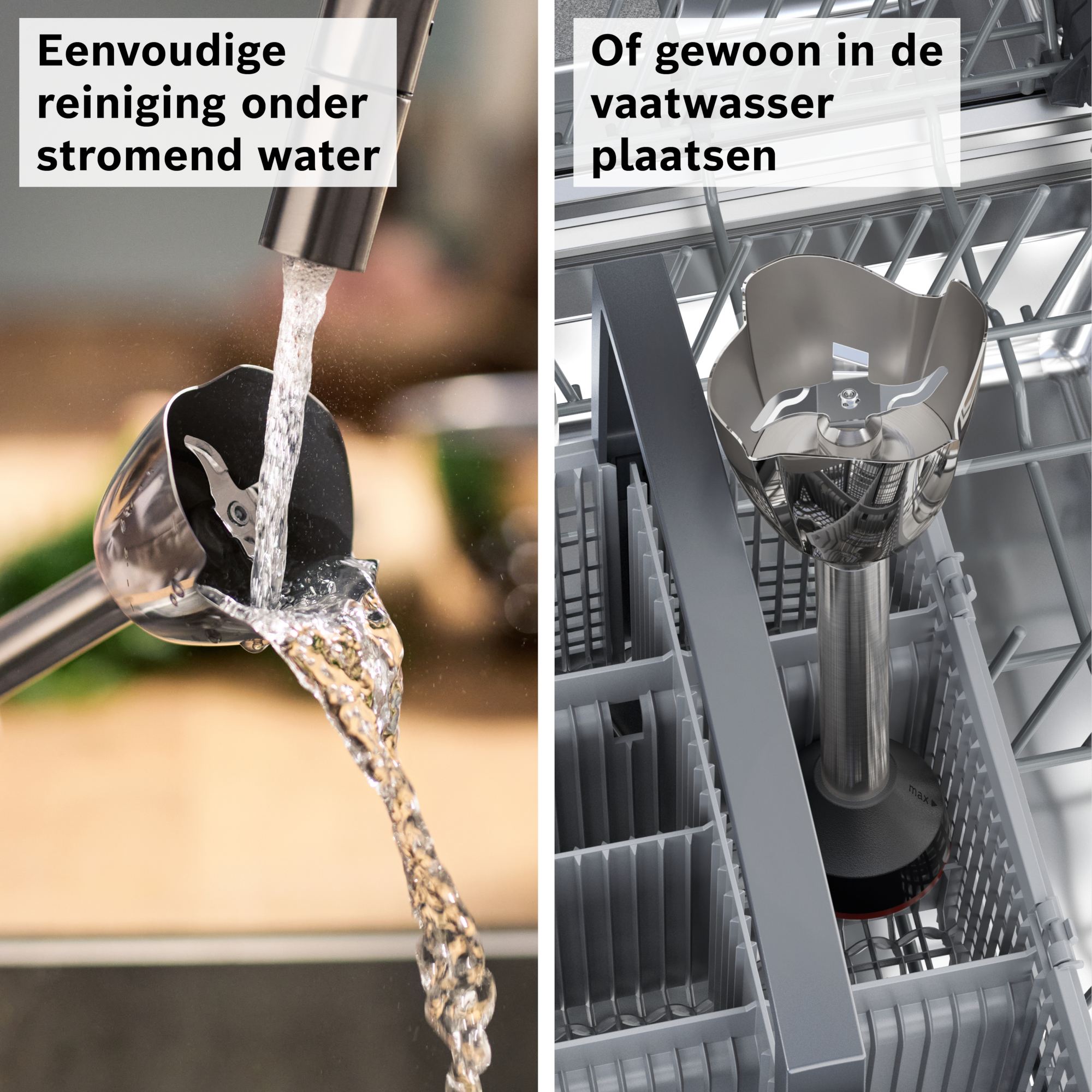 Een blender wordt links onder stromend water schoongemaakt en rechts in een vaatwasser.