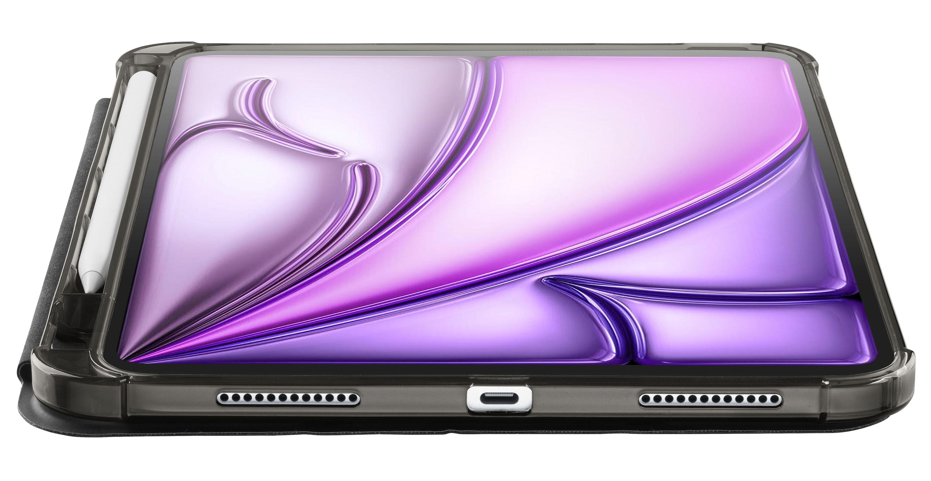 Kalemli kılıf içinde tablet. Ekran mor renk geçişli bir tasarım gösteriyor. Kılıf siyah ve şeffaf.