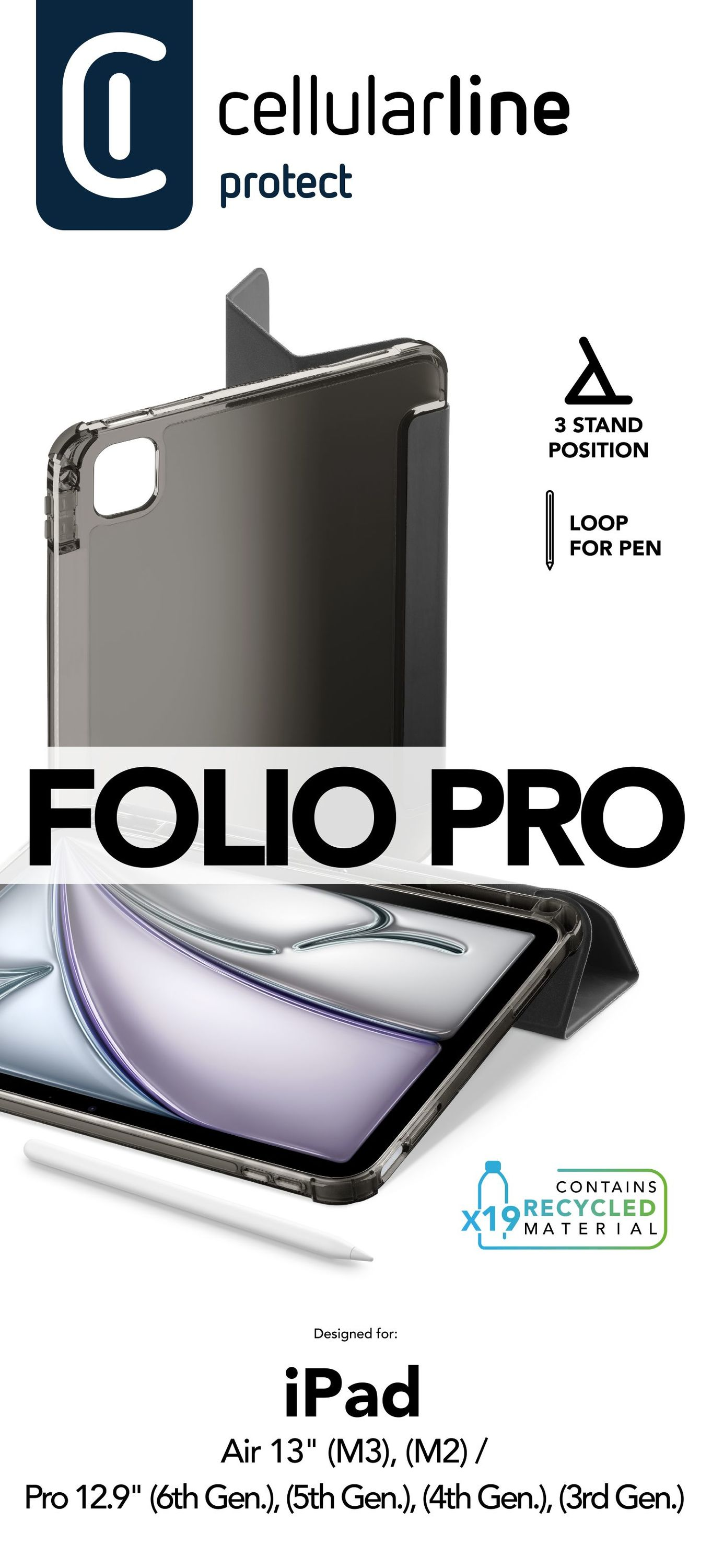 Cellularline Folio Pro iPad kılıfı. Siyah kılıf, gri ekranlı. Özellikler: 3 stand pozisyonu, kalem döngüsü ve geri dönüştürülmüş malzeme.