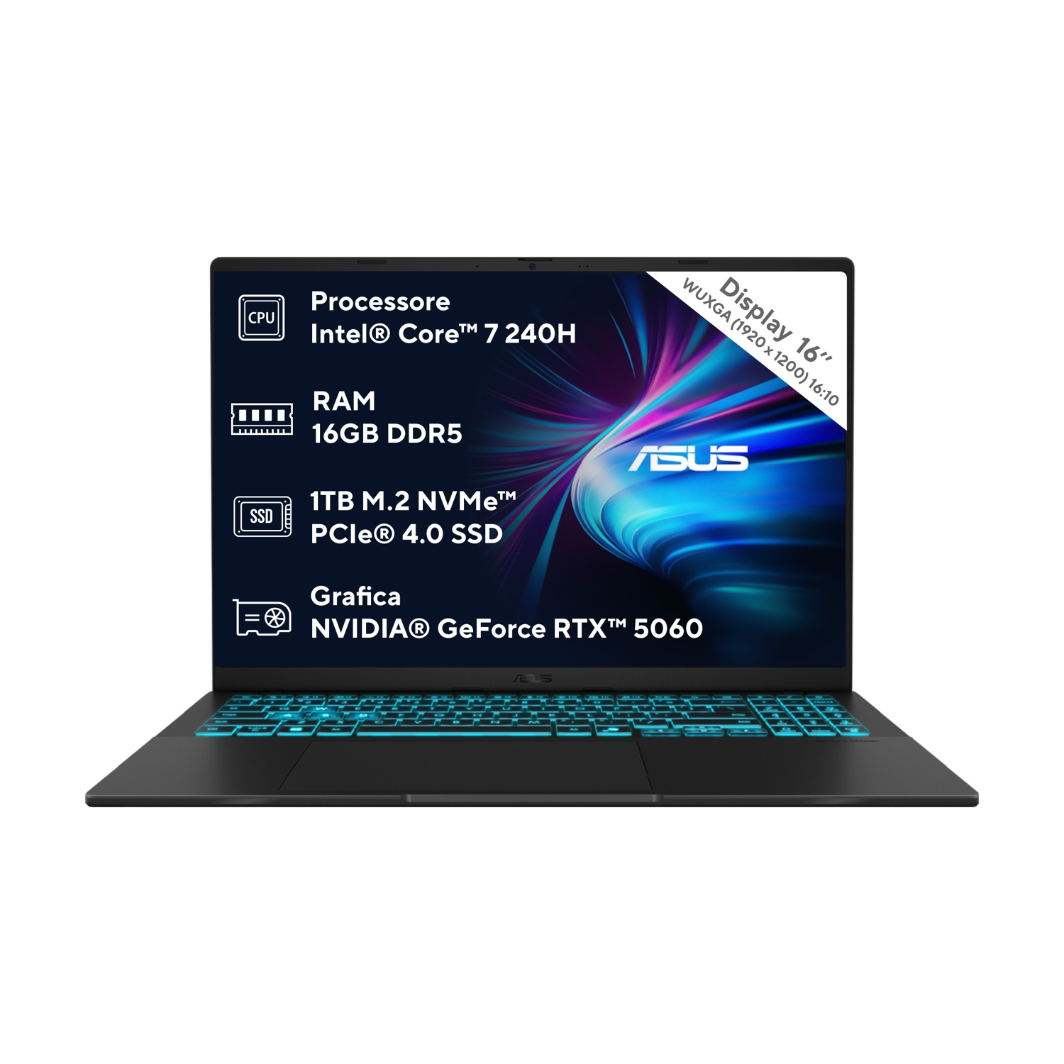 Laptop ASUS nero con tastiera retroilluminata verde acqua. Le specifiche includono Intel Core i7, 16 GB RAM, 1 TB SSD e grafica NVIDIA GeForce RTX 5060.