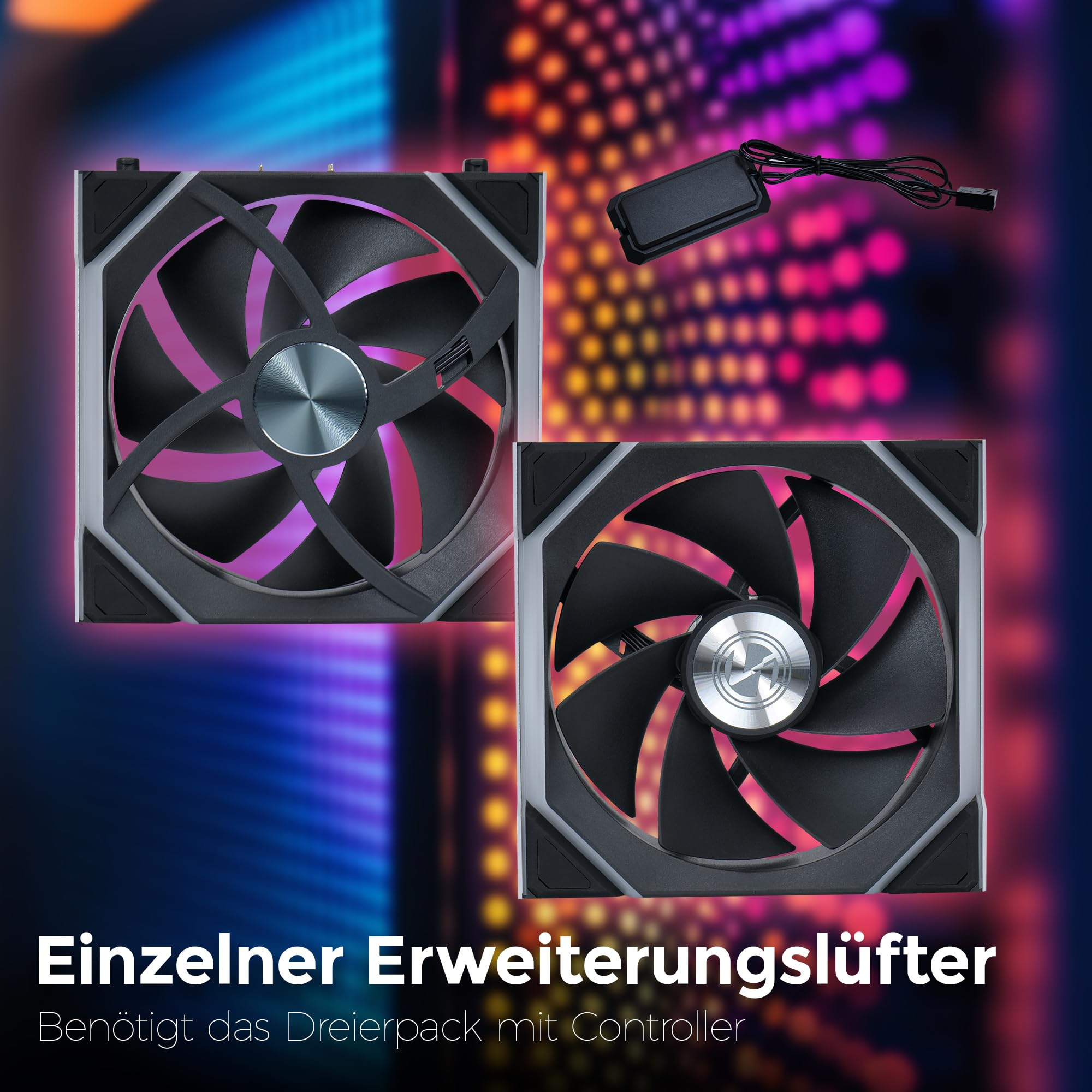 Zwei schwarze Computerlüfter mit rosa Beleuchtung. Eine schwarze Steuerbox ist angeschlossen. Text unten lautet 'Einzelner Erweiterungslüfter'.