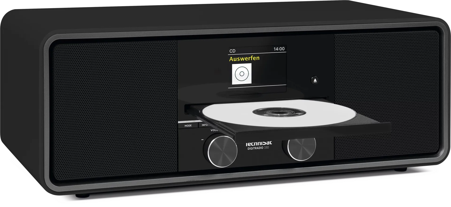 Schwarzes Radio mit CD-Player. Das CD-Fach ist geöffnet, eine CD befindet sich darin. Der Bildschirm zeigt 'Auswerfen' und die Uhrzeit.
