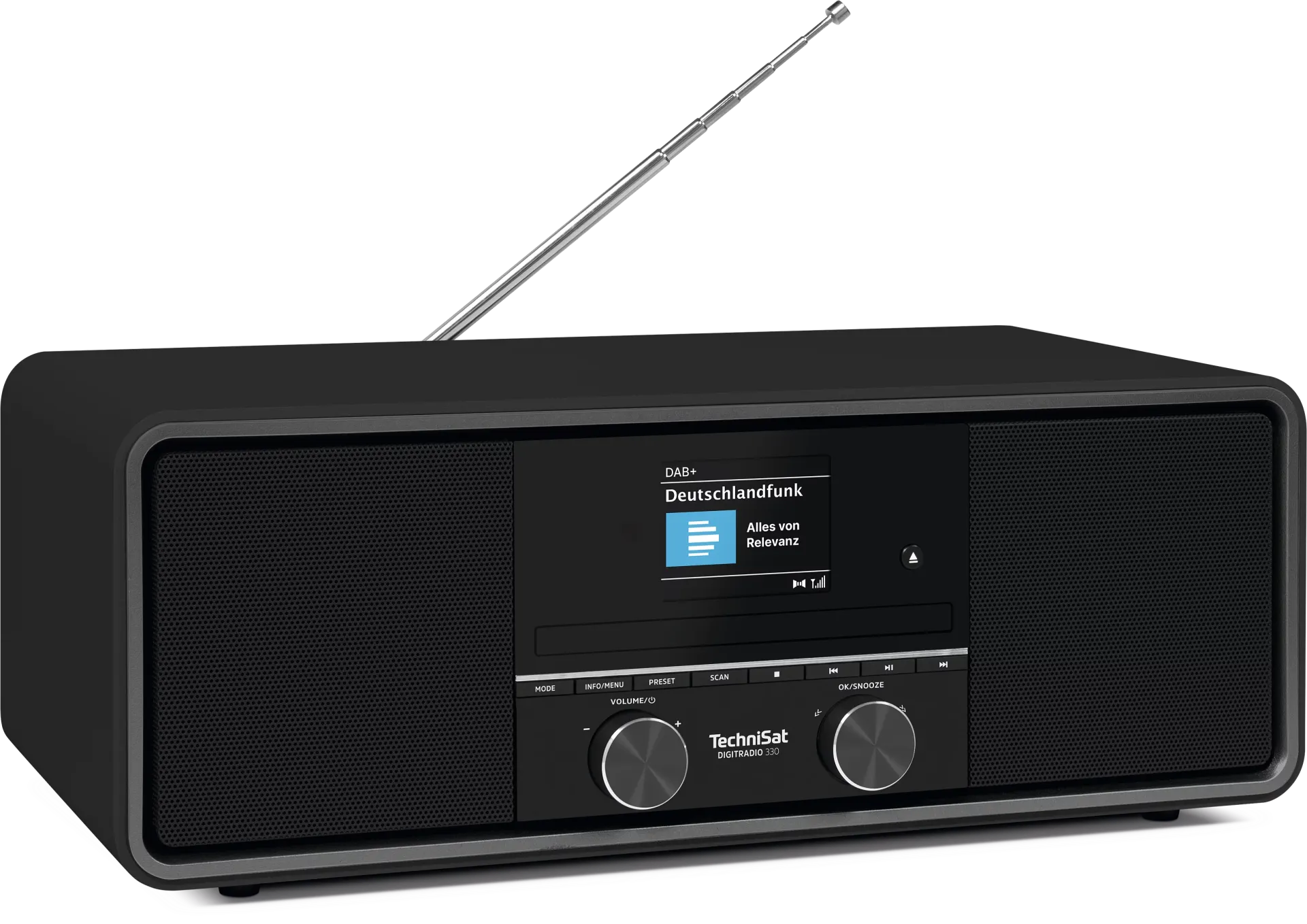 Ein schwarzes TechniSat Digiradio 330 Radio. Der Bildschirm zeigt 'Deutschlandfunk'. Es hat Knöpfe und Regler. Eine Antenne ragt heraus.