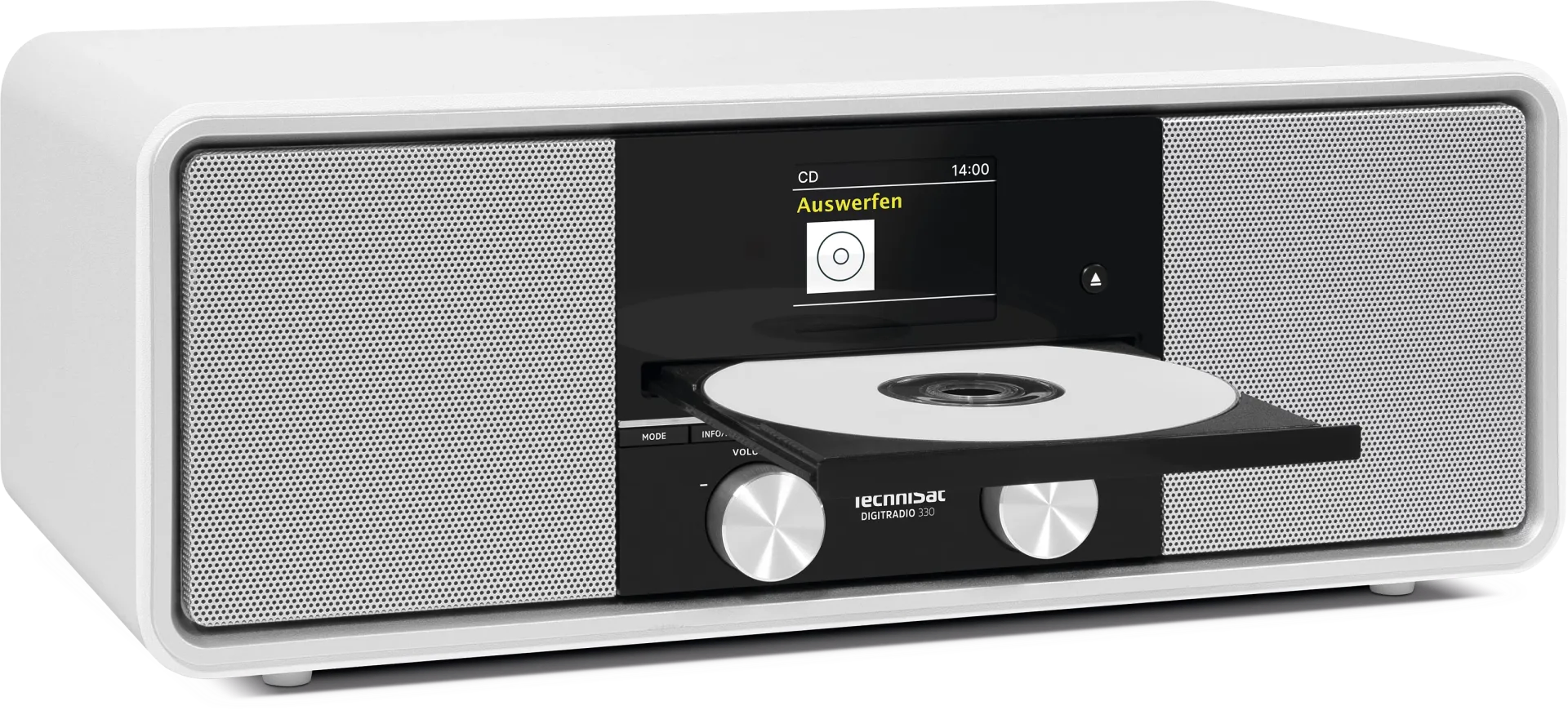 Ein weiß-schwarzer Technisat DIGITRADIO 330 CD-Player mit geöffnetem CD-Fach. Das Display zeigt 'Auswerfen'.