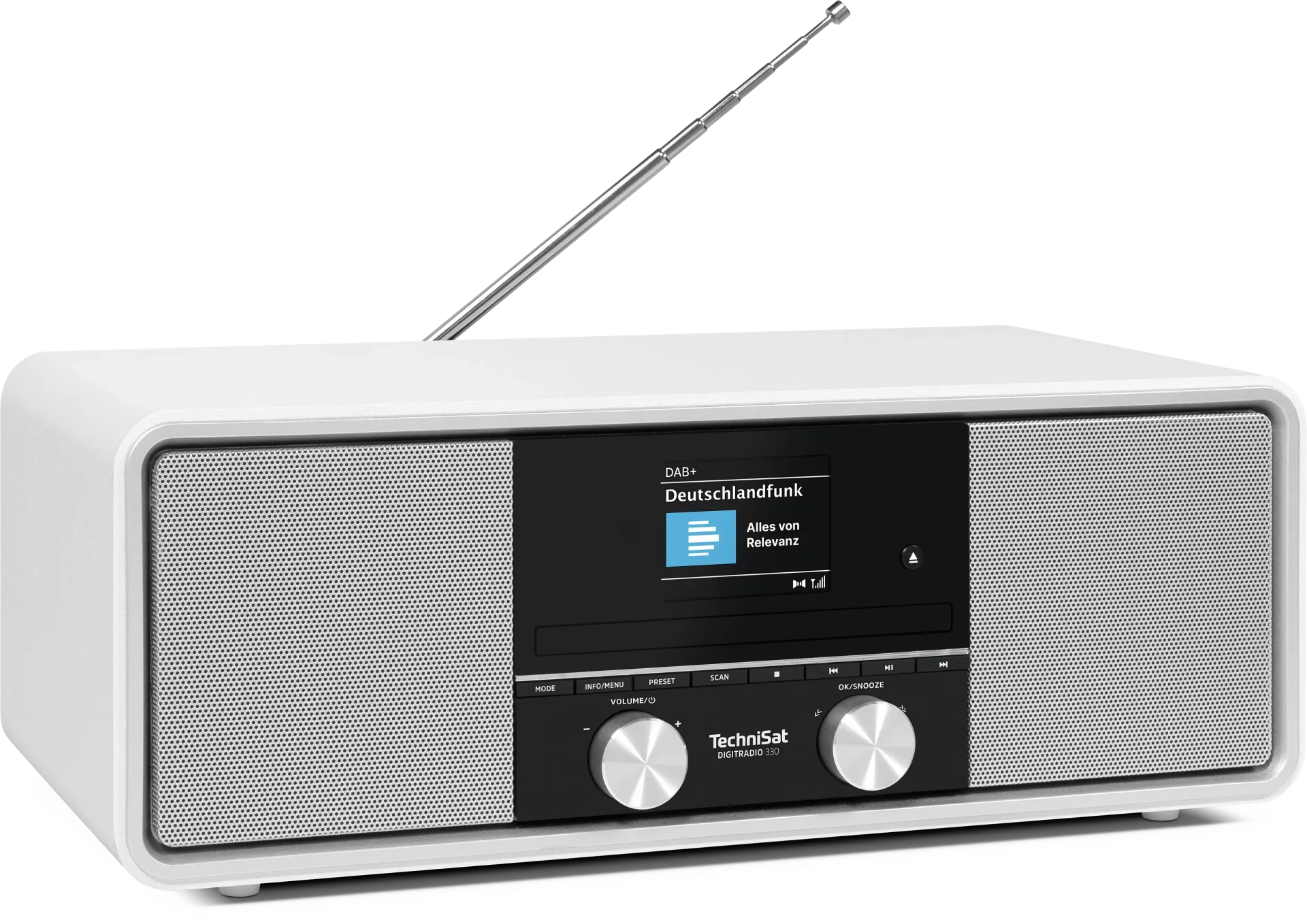 Ein weißes TechniSat Digitradio 330 mit schwarzem Display, das 'Deutschlandfunk' anzeigt. Es hat eine silberne Antenne und Knöpfe.
