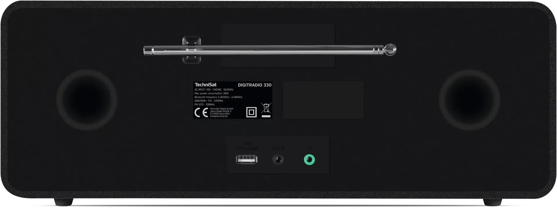 Schwarzes TechniSat DIGITRADIO 330 Radio. Es hat eine ausziehbare Antenne, Lautsprecher und Eingangsanschlüsse.