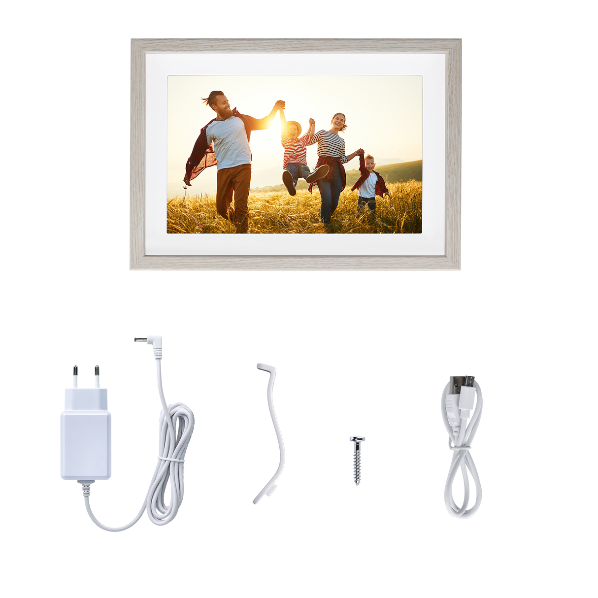 Bilderrahmen mit Familie im Feld, plus Ladegerät, Kabel, Schraube und Halterung auf schwarzem Hintergrund.
