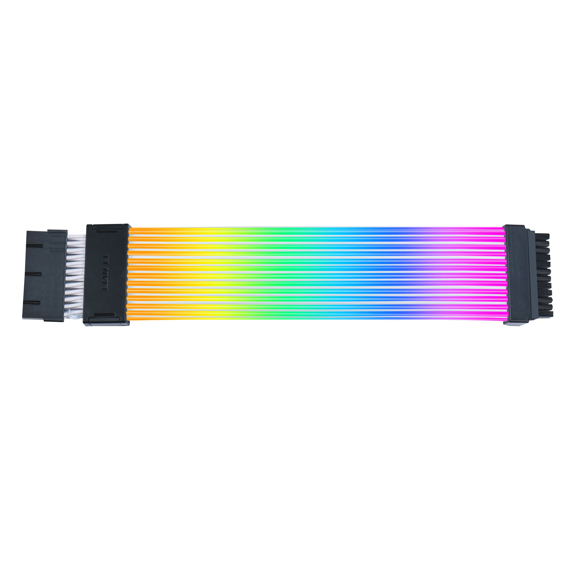 Ein PC-Stromkabel mit Regenbogenfarben und schwarzen Steckern an jedem Ende, isoliert auf weißem Hintergrund.