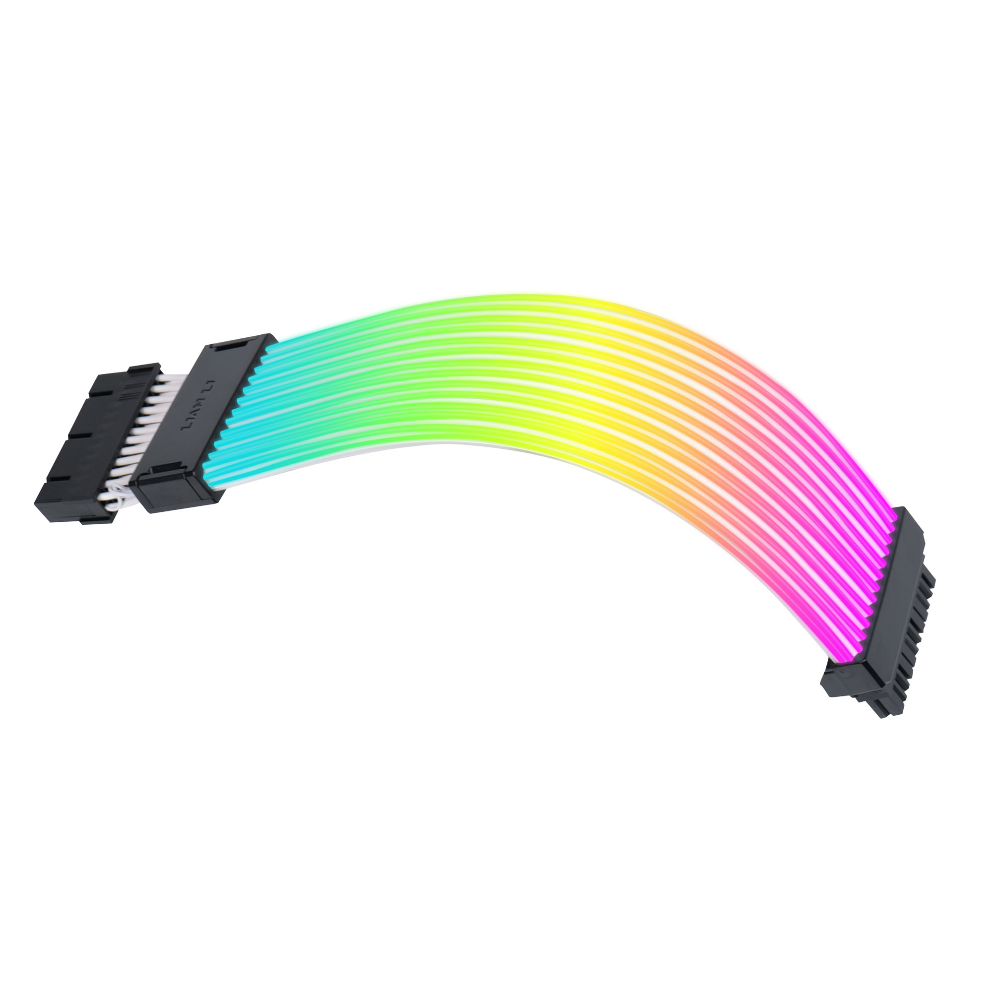 Ein regenbogenfarbenes Kabel mit schwarzen Steckern an jedem Ende. Die Kabel sind gebogen, der Hintergrund ist weiß.
