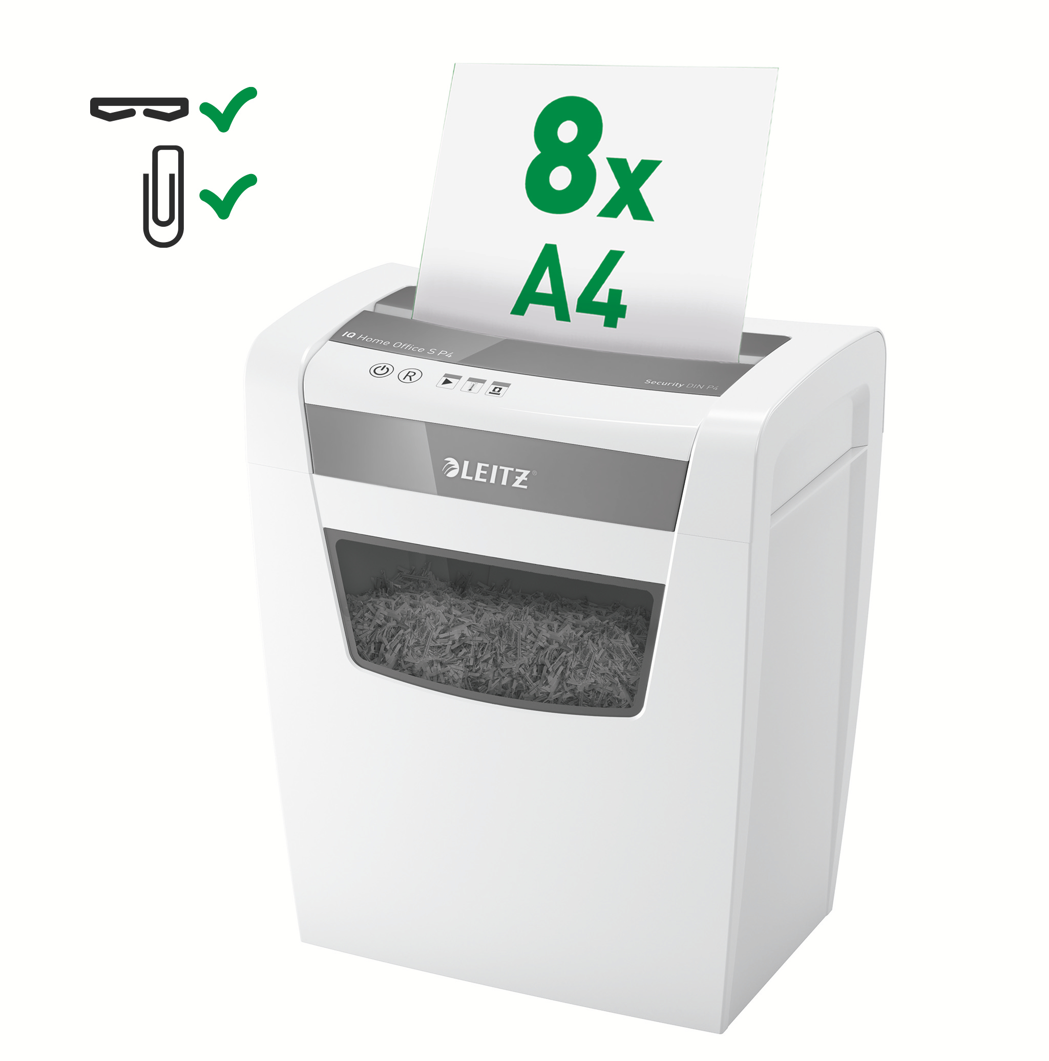 Weißer Aktenvernichter mit Papier. Grüne Häkchen neben Heftklammern und Büroklammer-Symbolen. Liest 8x A4.