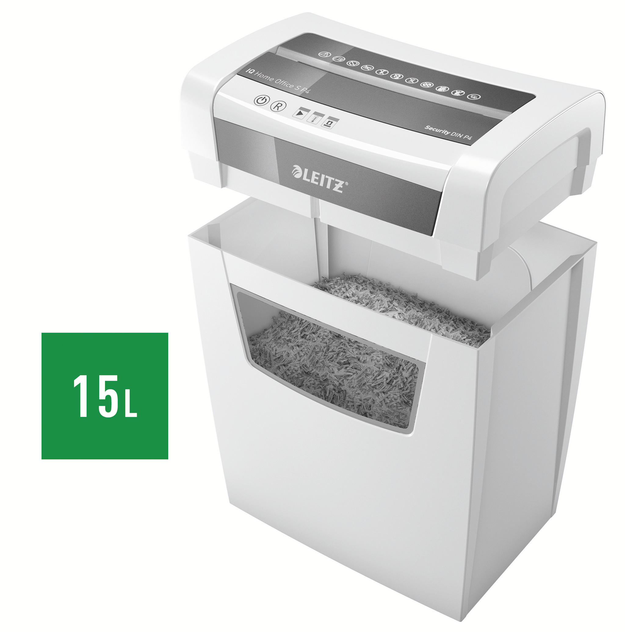 Ein weißer Aktenvernichter mit 15L Fassungsvermögen. Zerkleinertes Papier ist im Behälter sichtbar. Die Marke ist Leitz.
