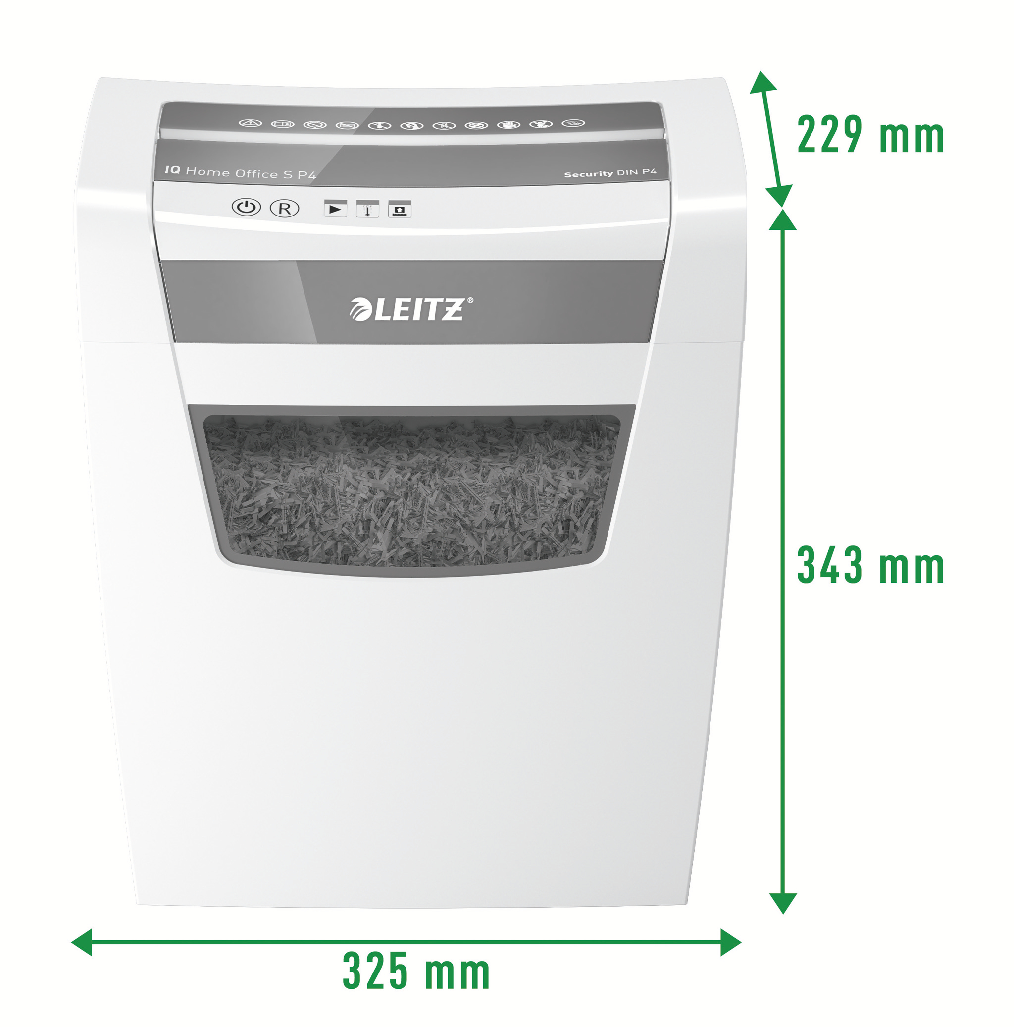 Ein weißer Leitz IQ Home Office S P4 Aktenvernichter. Abmessungen sind beschriftet: 325x229x343 mm.