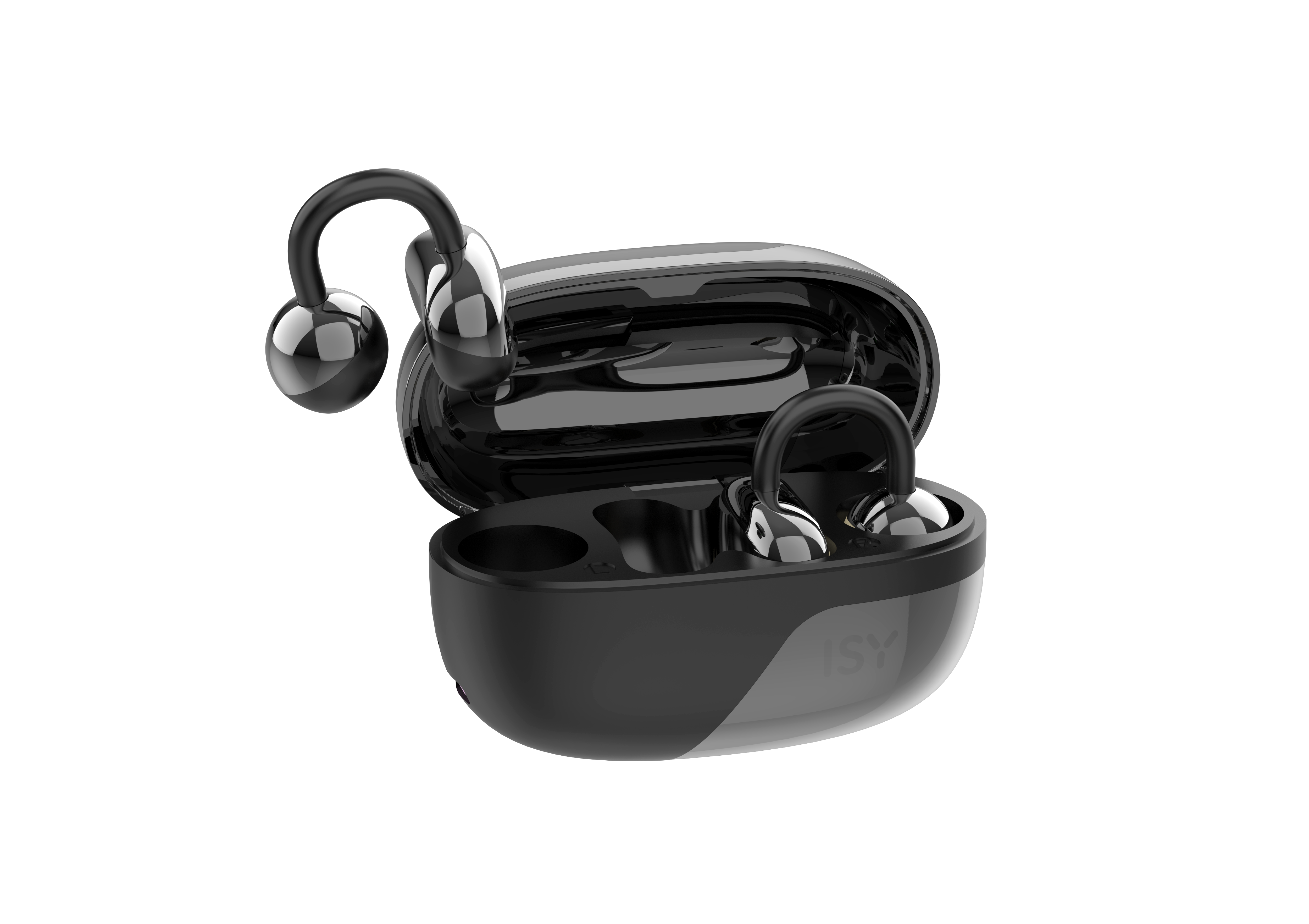 Ohrhörer in einem Ladekoffer. Schwarz-Silber-Design. Der Koffer ist geöffnet, die Ohrhörer sind sichtbar. Isoliert auf Schwarz.
