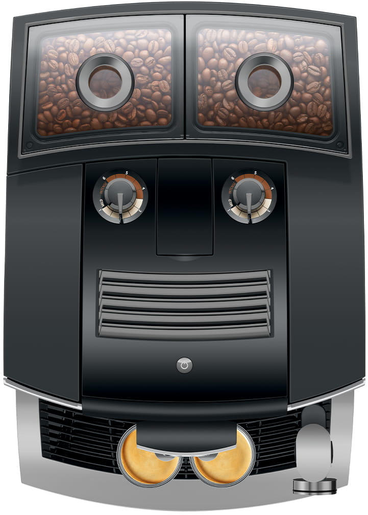 Schwarze Kaffeemaschine mit Kaffeebohnen oben. Zwei Drehregler und zwei Kaffeetassen unten.