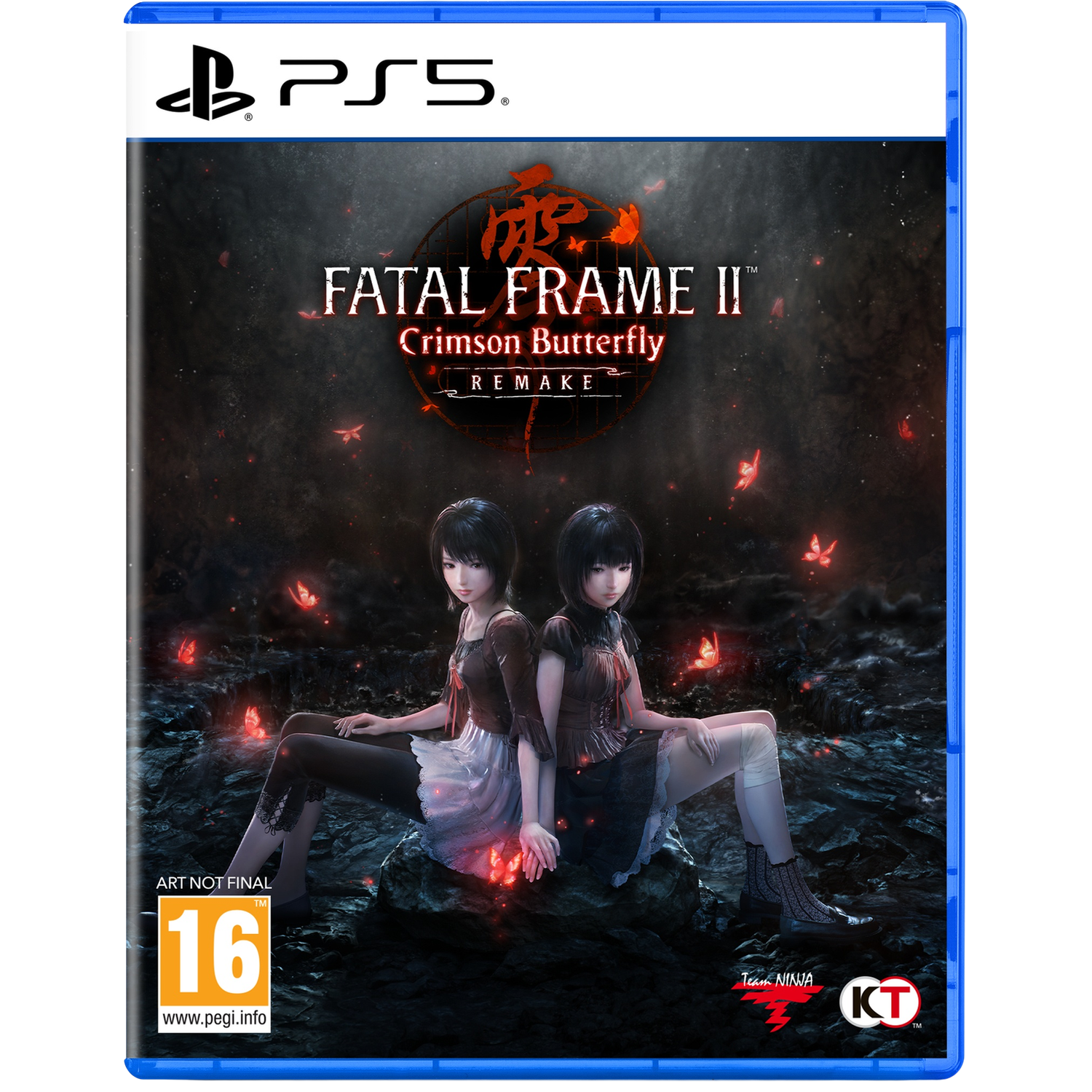 PS5 game cover. Twee vrouwen zitten op een rots. Rode vlinders vliegen rond hen. De game is Fatal Frame II Crimson Butterfly Remake.