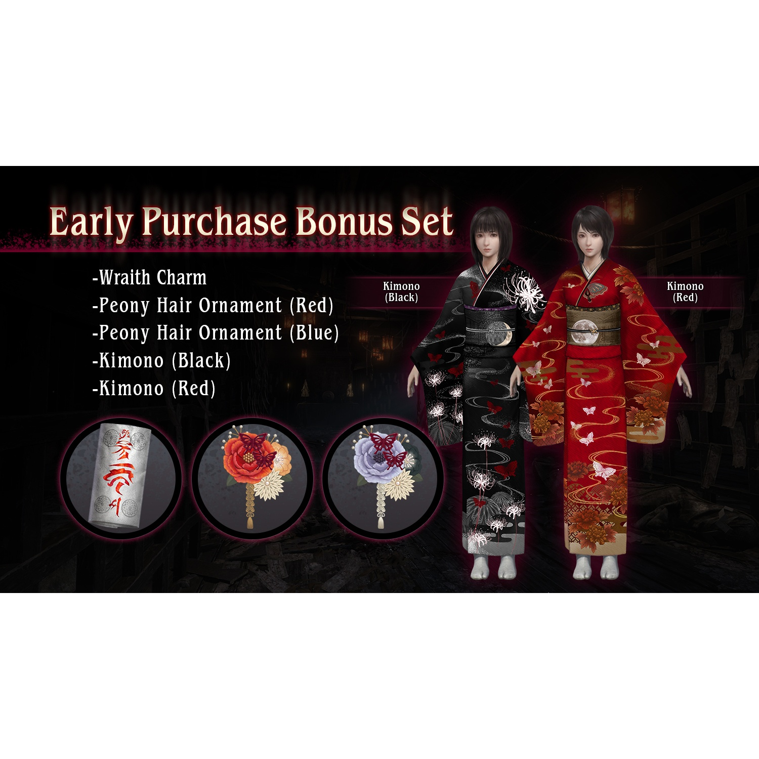 Afbeelding toont een 'Early Purchase Bonus Set' met een charme, haarversieringen en kimono's (zwart en rood). Twee vrouwen in kimono's worden getoond.