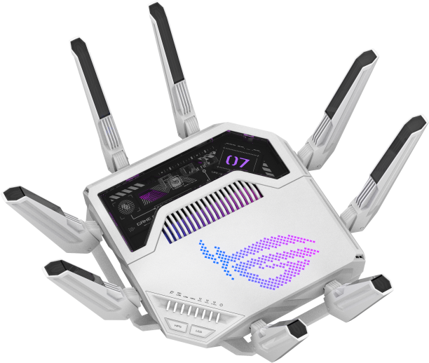 Ein weiß-schwarzer Router mit mehreren Antennen. Das ROG-Logo ist sichtbar. Er hat ein futuristisches Design mit lila und blauen Lichtern.