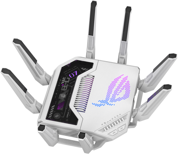Weißer Gaming-Router mit mehreren Antennen. ROG-Logo oben. Verfügt über lila und blaue Beleuchtung und ein digitales Display.