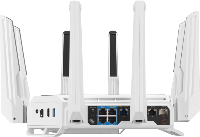 Weißer Router mit mehreren Antennen, Anschlüssen und einem Ein-/Ausschalter. Der Router ist mit einem eckigen, modernen Design gestaltet.
