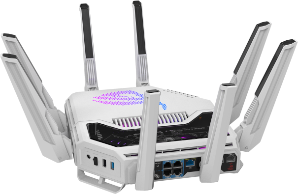 Ein weißer Router mit mehreren Antennen wird angezeigt. Er hat ein futuristisches Design mit leuchtenden Lichtern und verschiedenen Anschlüssen auf der Rückseite.