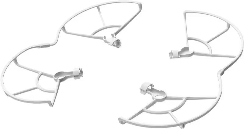 Quatre protections d'hélice de drone en plastique blanc. Chaque protection a une forme incurvée avec un point de montage central et des entretoises.