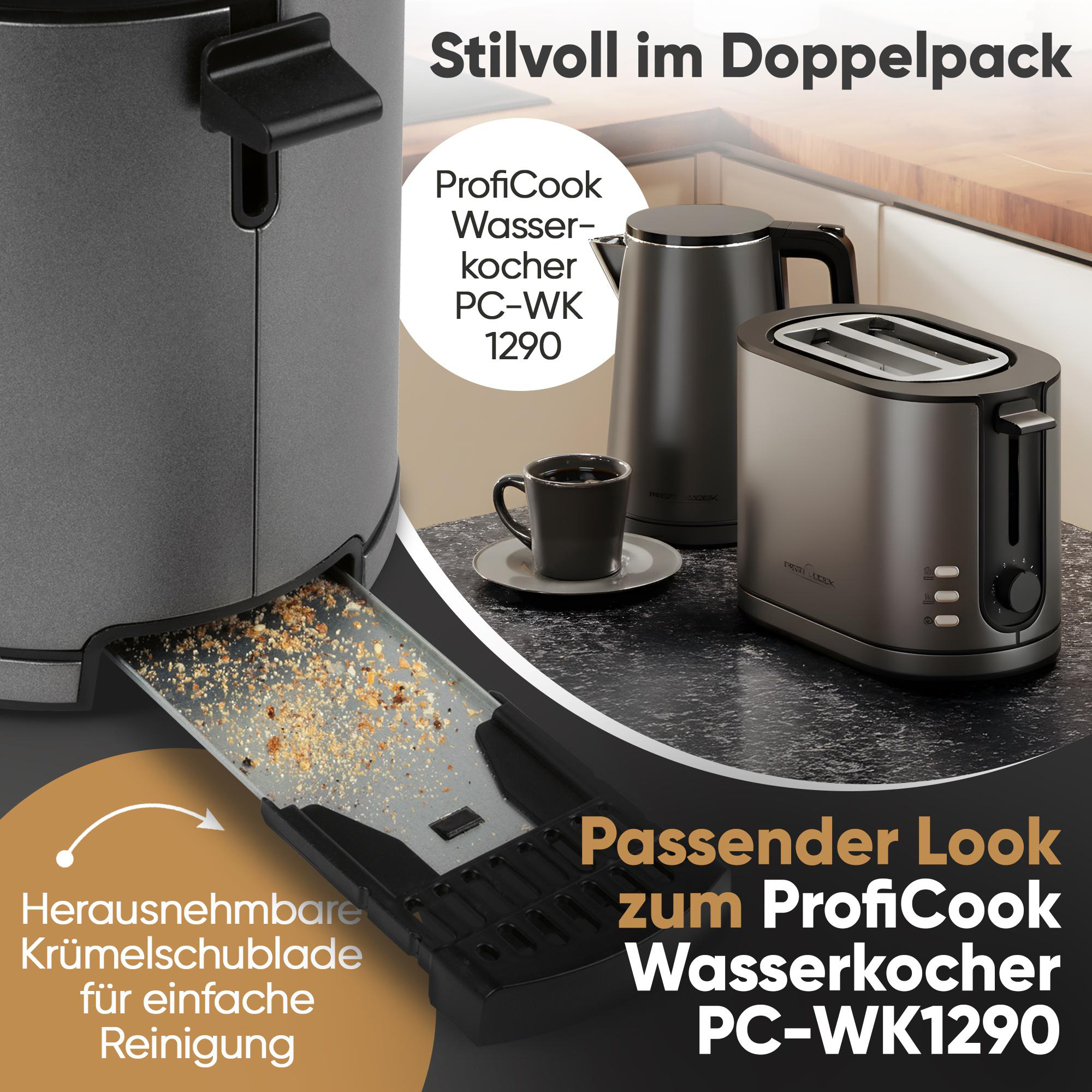 Das Bild zeigt ein Toaster- und Wasserkocher-Set. Text lautet 'Proficook Wasserkocher PC-WK1290'. Ein Krümelbehälter ist sichtbar.