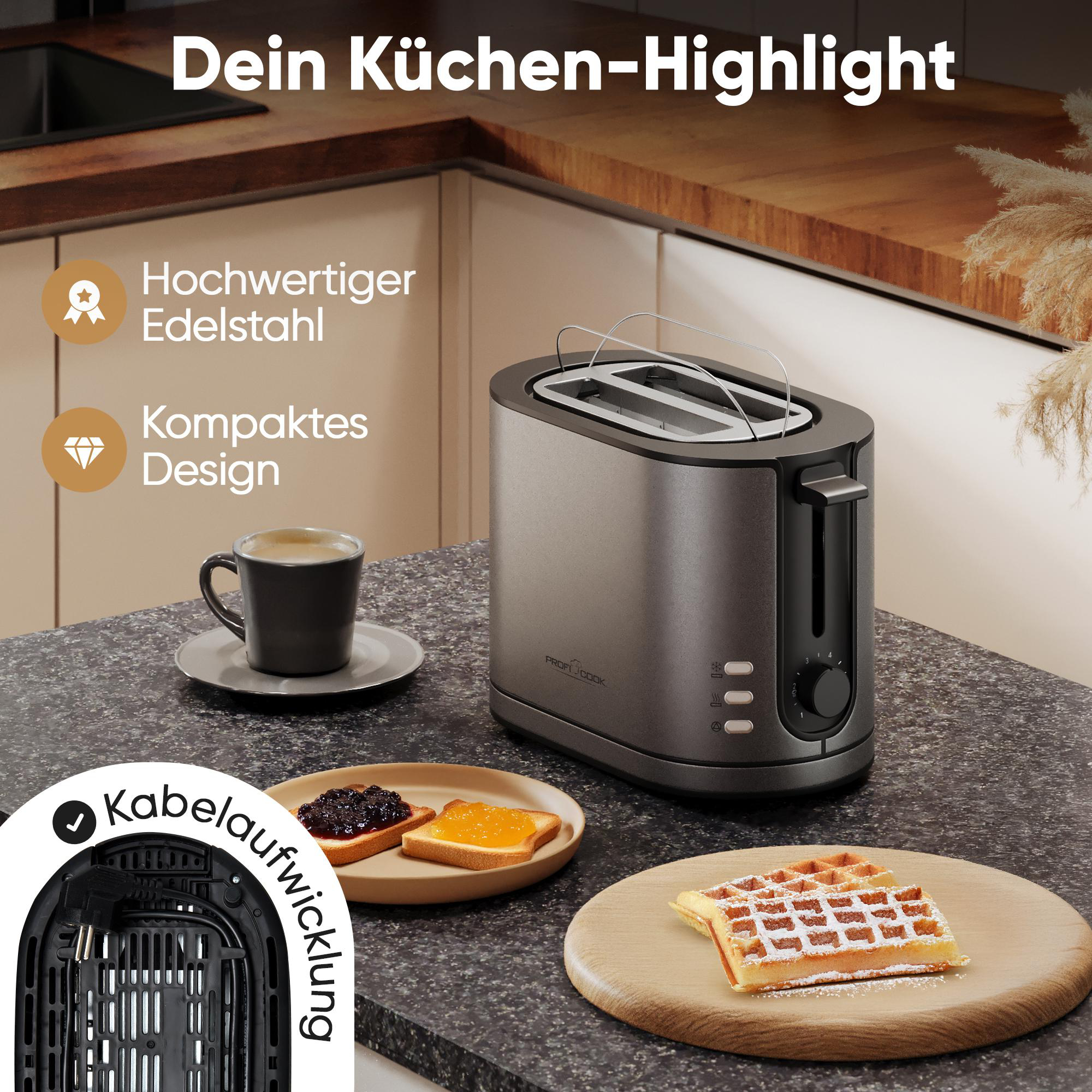 Ein Toaster, Kaffee, Toast mit Marmelade und Waffeln auf einer Arbeitsplatte. Text oben: 'Ihr Küchen-Highlight'.