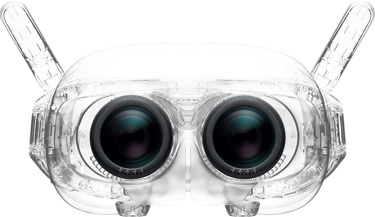 Transparente VR-Brille mit zwei großen Linsen, zwei Antennen und einem transparenten Rahmen, vor schwarzem Hintergrund.