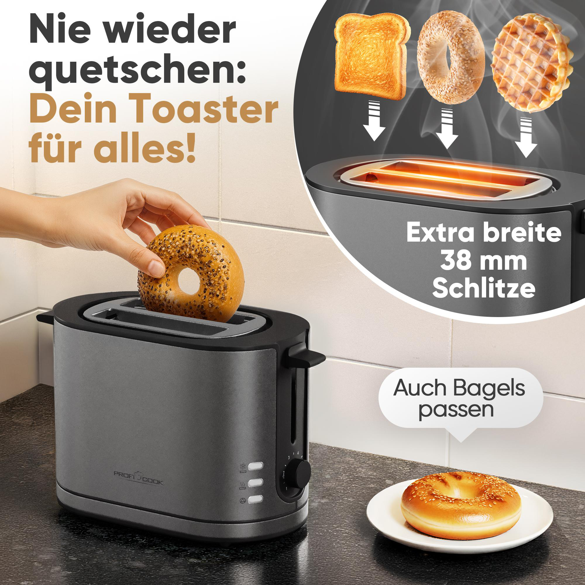 Eine Hand legt einen Bagel in einen grauen Toaster. Toast, ein Bagel und ein Waffel sind über dem Toaster abgebildet. Ein Teller mit einem Bagel.