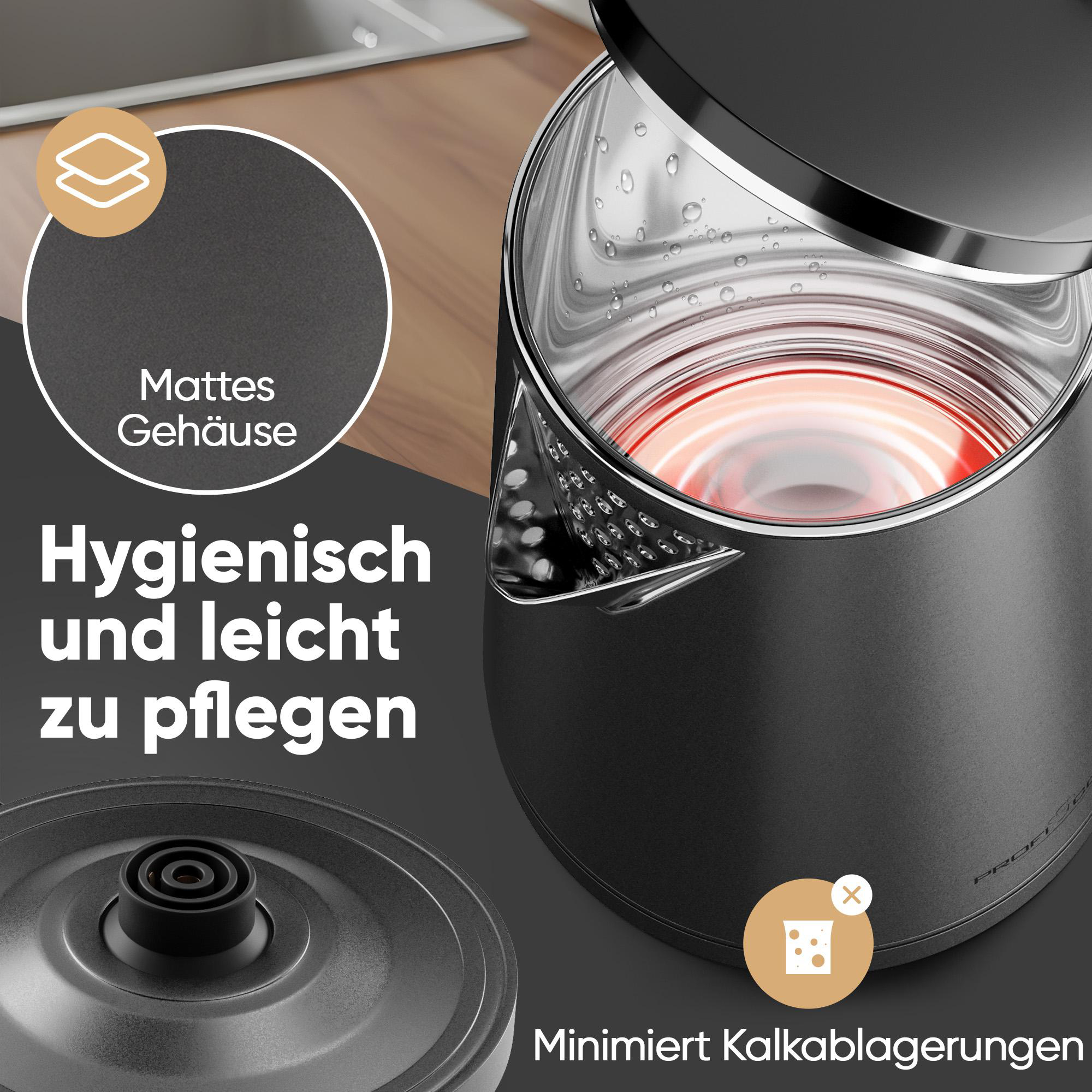 Ein schwarzer Wasserkocher mit transparentem Wasserstand. Text beschreibt Hygiene, Pflegeleichtigkeit und Kalkreduzierung.