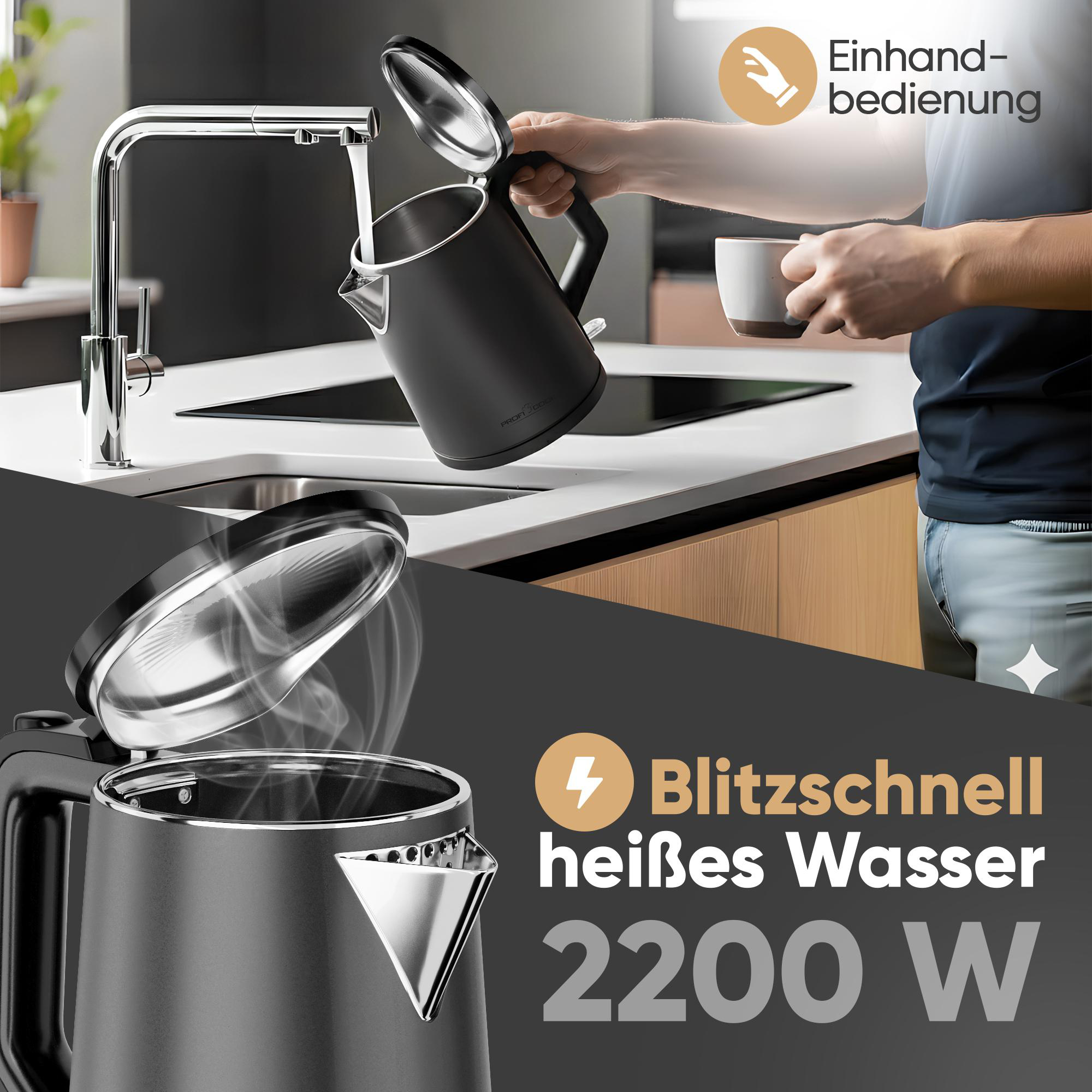 Ein schwarzer Wasserkocher wird mit Wasser aus einem Wasserhahn gefüllt. Eine Person hält eine Tasse. Text zeigt schnelles Heizen.