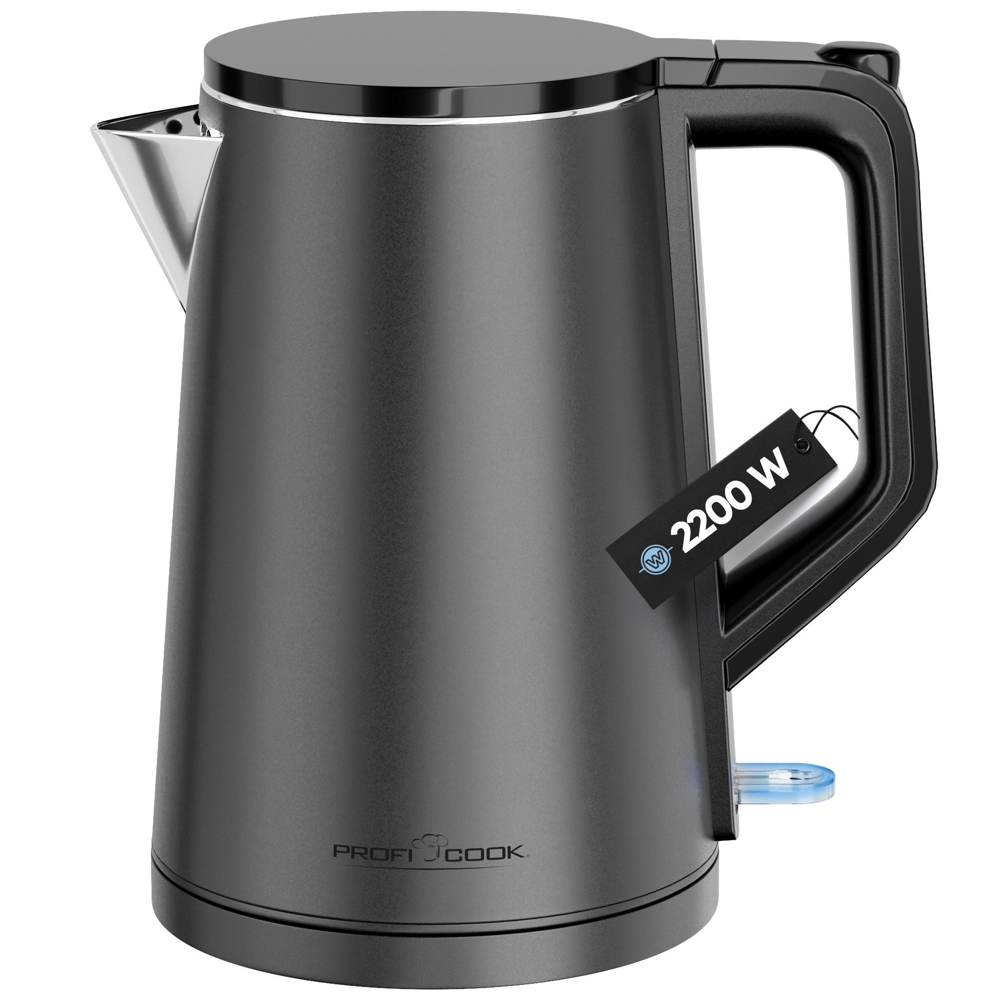 Ein schwarzer Wasserkocher mit Griff und Etikett mit 2200 W, die Marke ist Profi Cook.