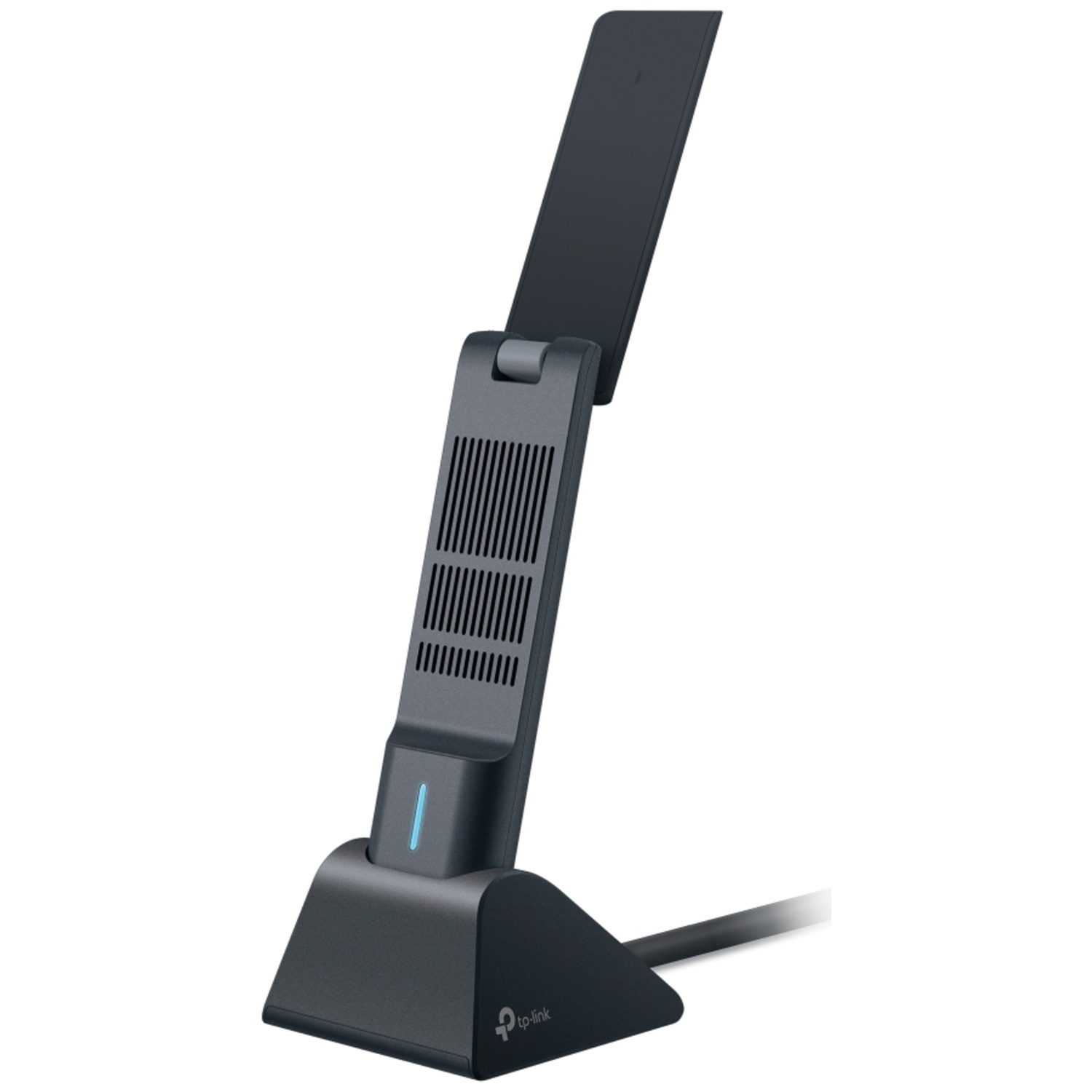 Une antenne TP-Link noire avec un panneau réglable. Elle repose sur une base avec une lumière bleue. Le fond est blanc.