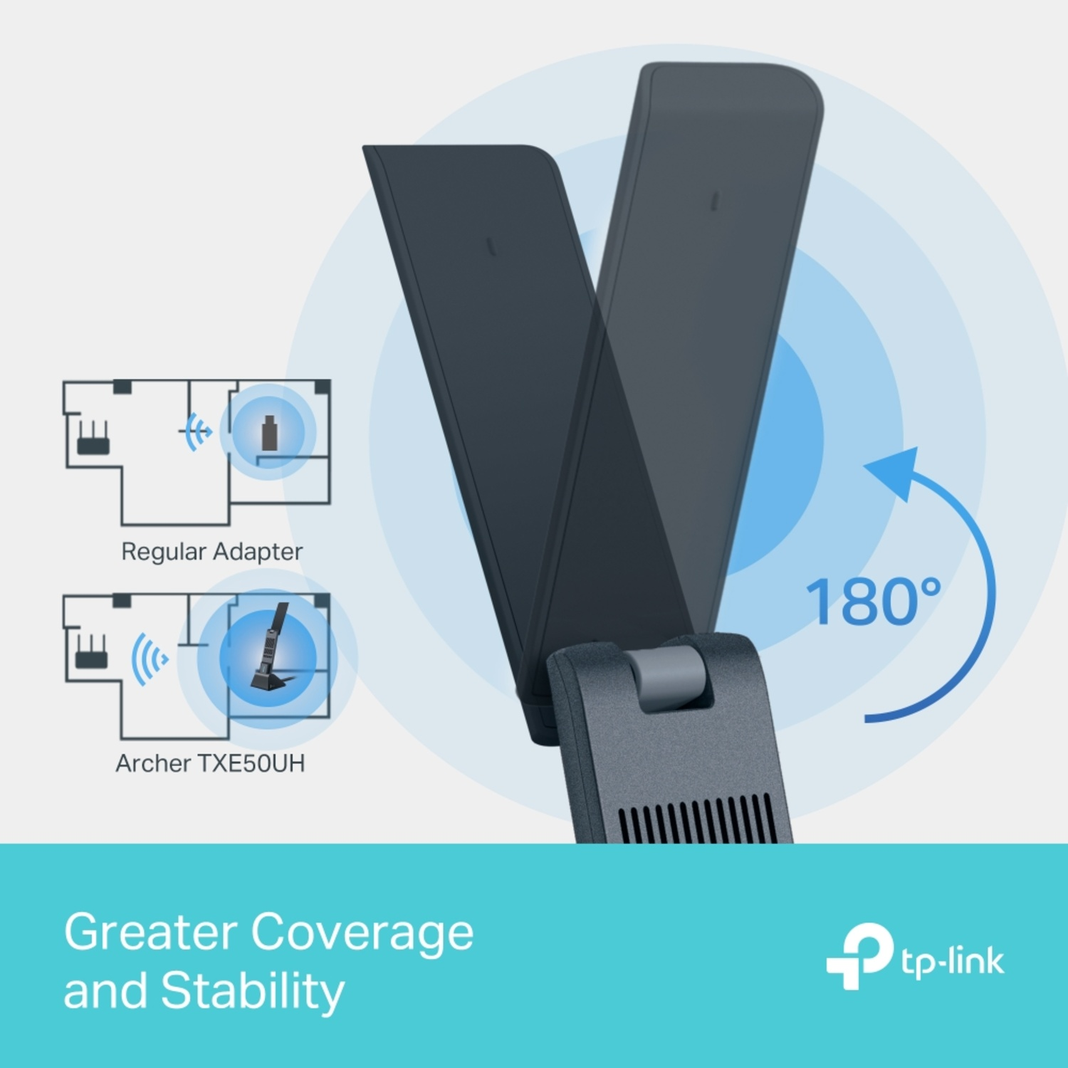 L'image montre un adaptateur TP-Link avec des antennes réglables. Des schémas illustrent les améliorations de couverture. Le texte indique 'Plus grande couverture et stabilité'.