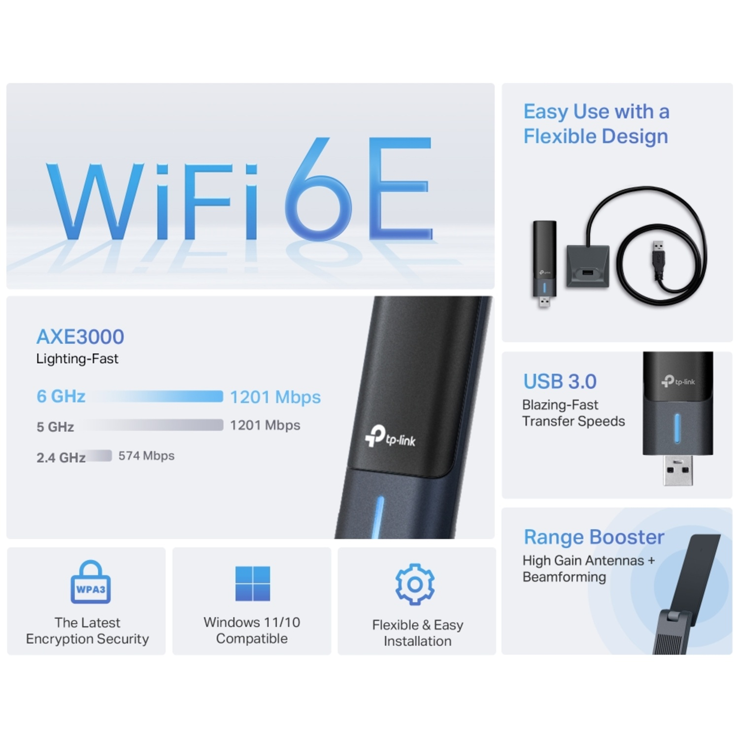 Adaptateur WiFi 6E avec USB 3.0. Antenne à gain élevé et beamforming. Compatible Windows 11/10, sécurité WPA3.