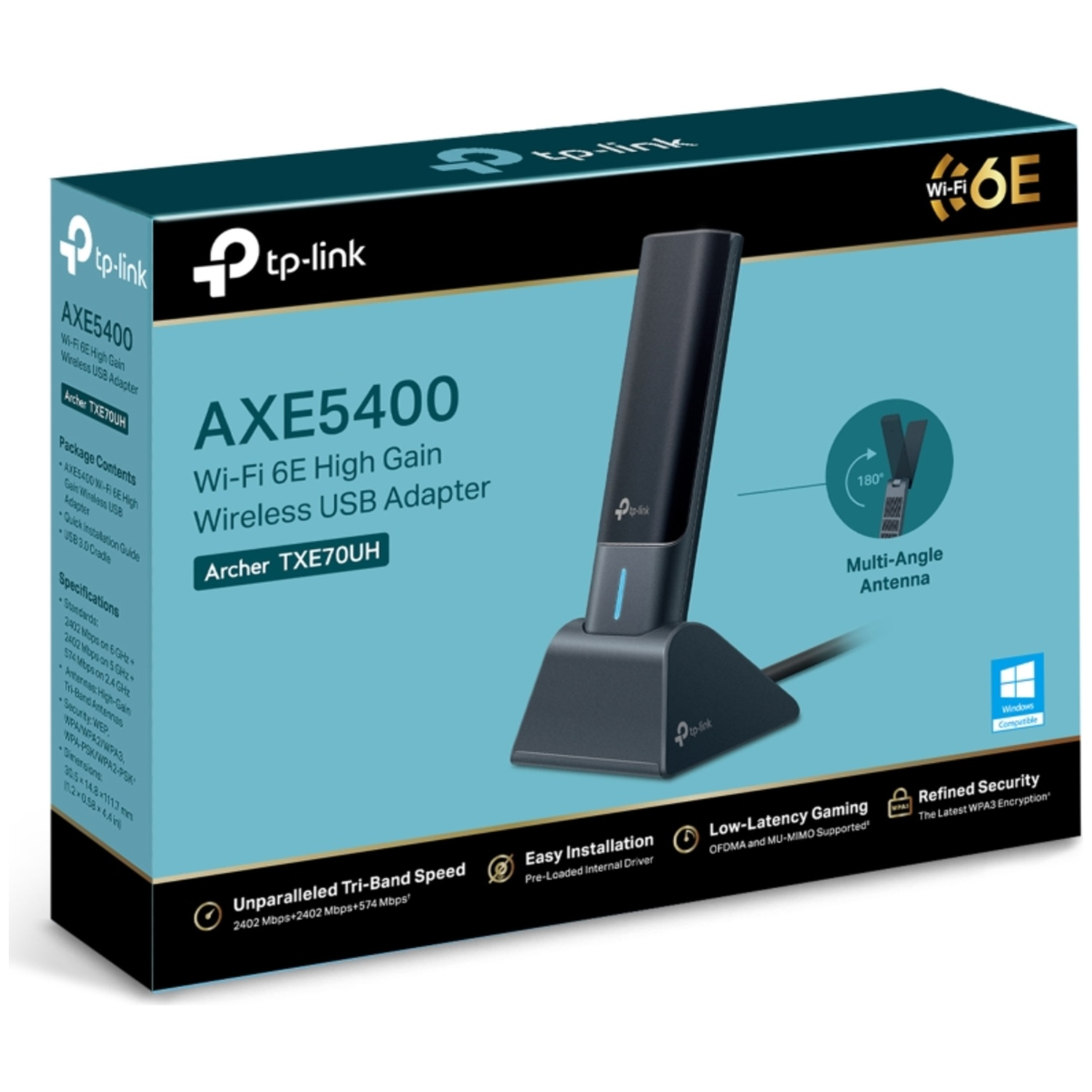 Een tp-link AXE5400 Wi-Fi 6E USB-adapter wordt op de doos getoond. Het is zwart en heeft een multi-hoekantenne.
