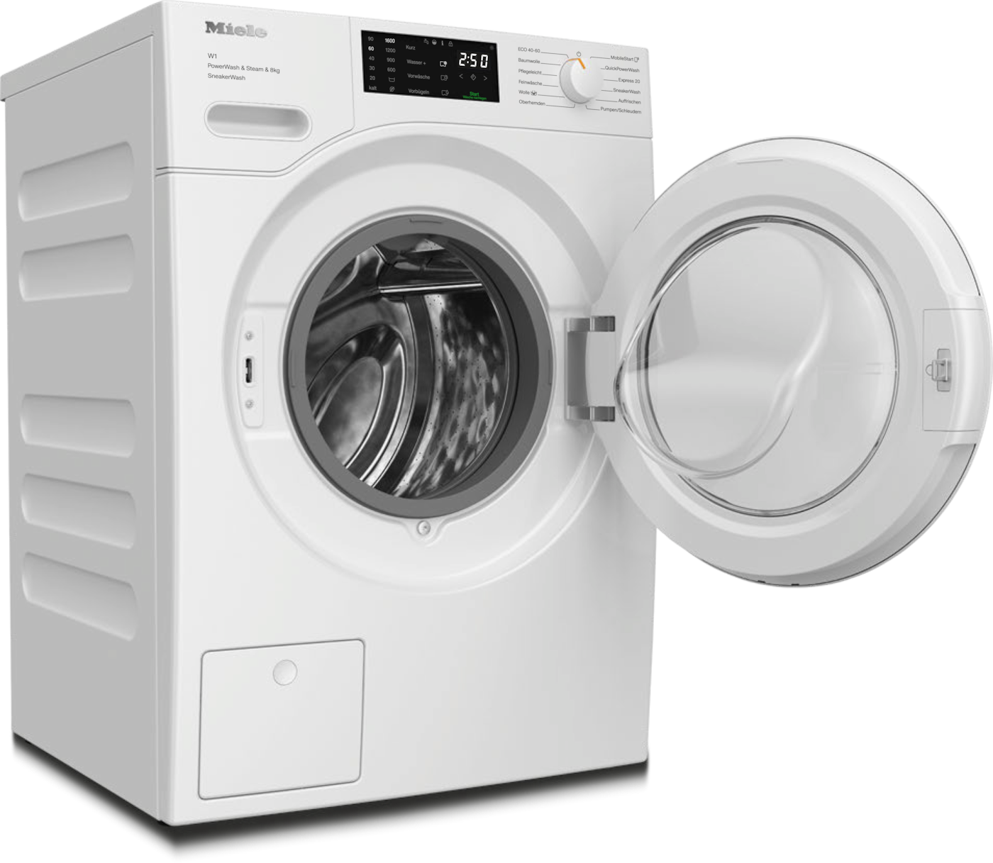 Eine weiße Miele Waschmaschine mit offener Tür. Sie hat ein digitales Display und verschiedene Knöpfe.