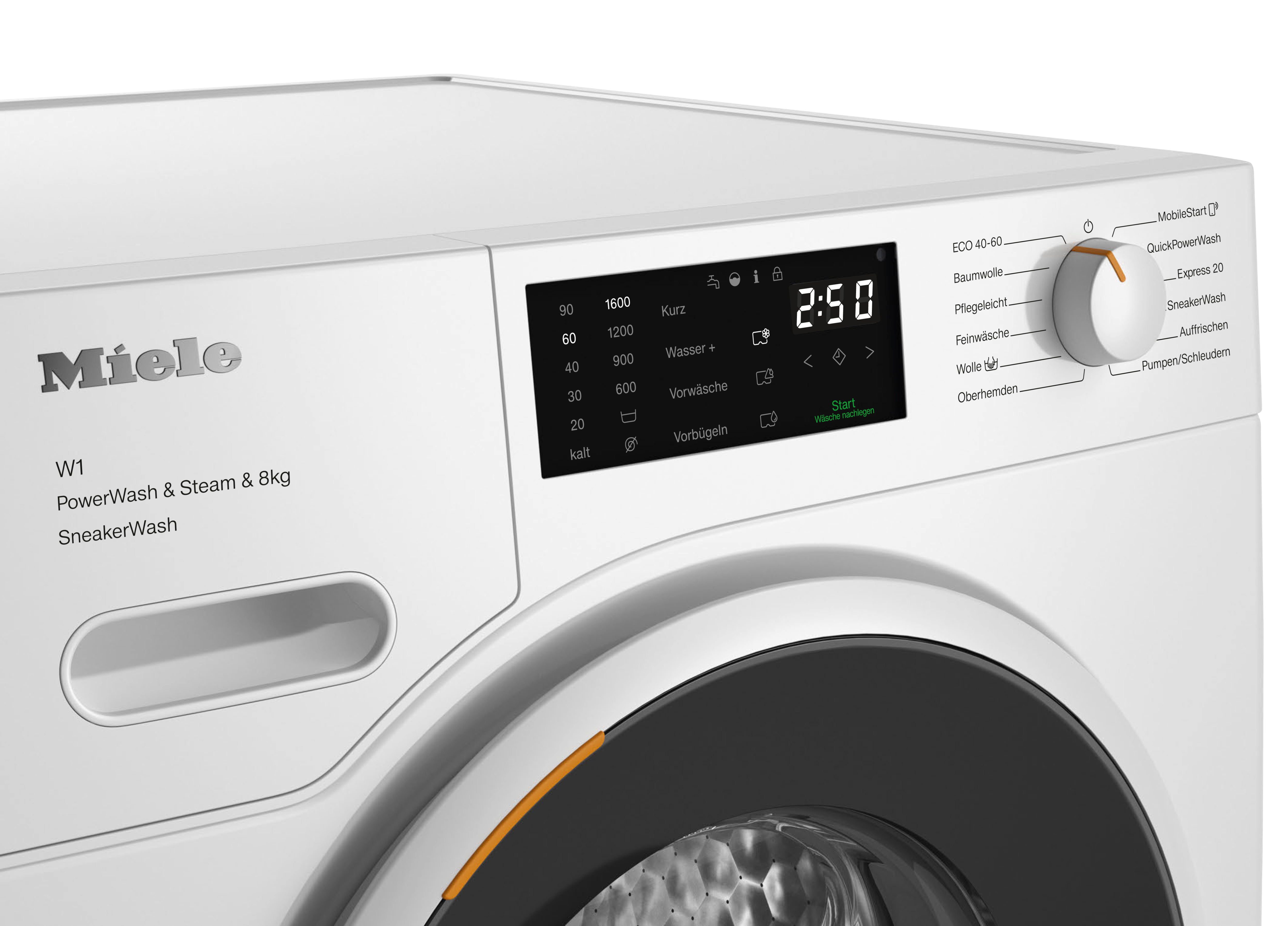 Ein weißes Miele-Waschmaschinen-Bedienfeld ist sichtbar, mit einem Timer, der 2:50 anzeigt, und einem Drehknopf.