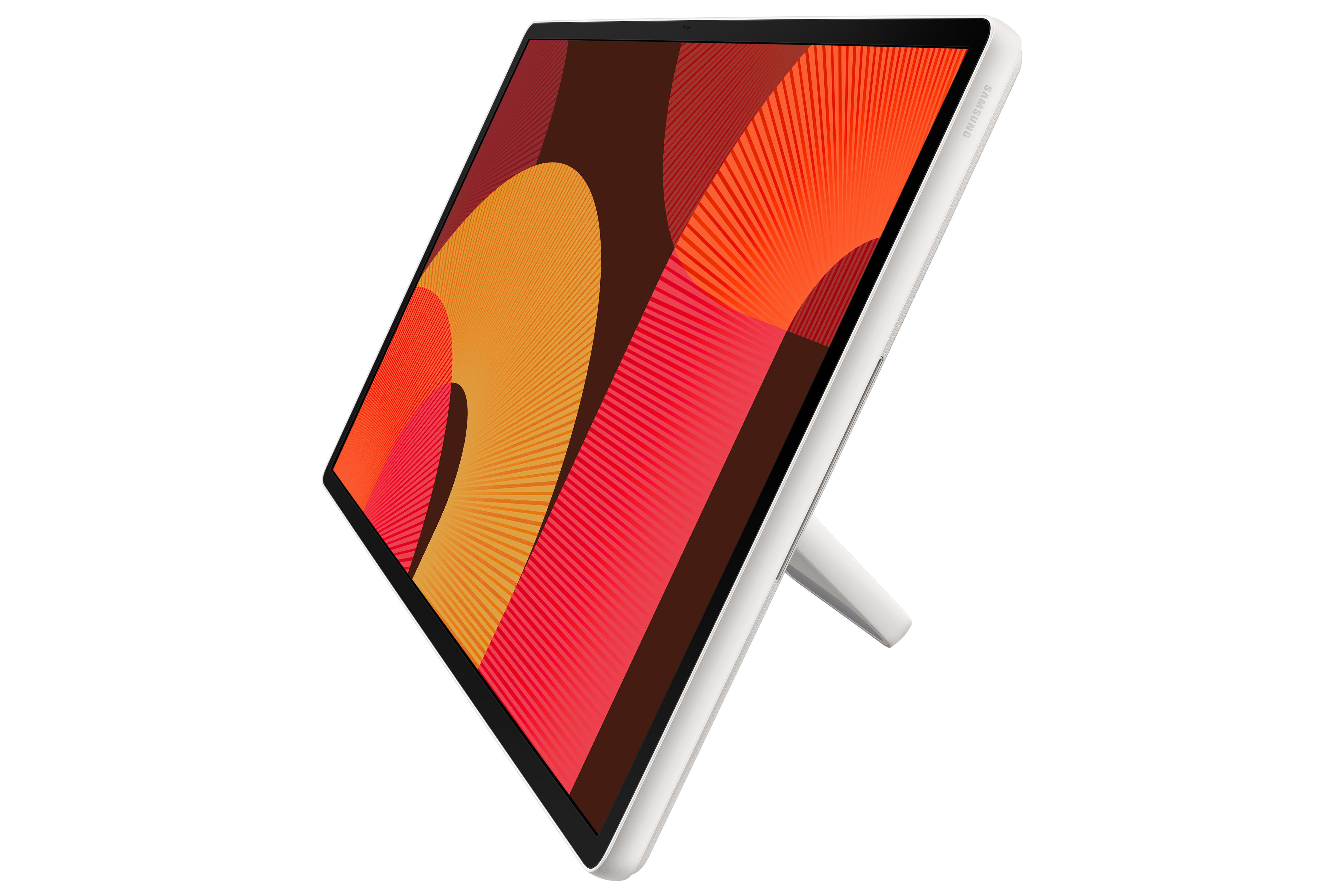 Tablet auf Ständer, Bildschirm mit abstraktem orangefarbenem, roten und braunen Design, weißes Gehäuse, weißer Hintergrund.