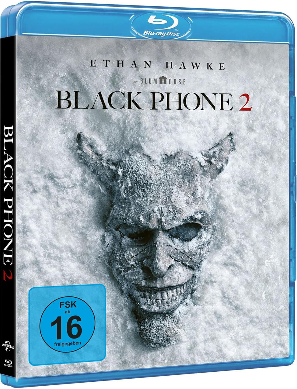 Blu-ray-Cover von Black Phone 2 zeigt eine Maske im Schnee. Ethan Hawkes Name steht oben. Freigegeben ab 16 Jahren.