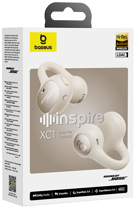 Dobozos Baseus XC1 nyitott fülű fülhallgatók.  Krém színű fülhallgatók a dobozon. Jellemzők: Hi-Res Audio Wireless és Dolby Audio.