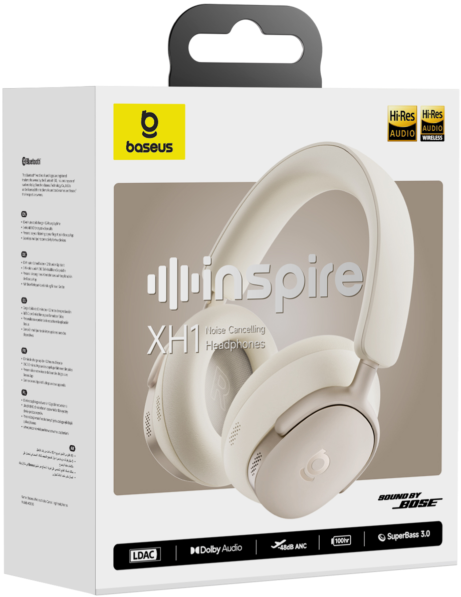 Doboz fehér Baseus fejhallgatóval. A szöveg tartalmazza az 'inspire XH1 Noise Cancelling Headphones' és a 'Dolby Audio' szavakat.